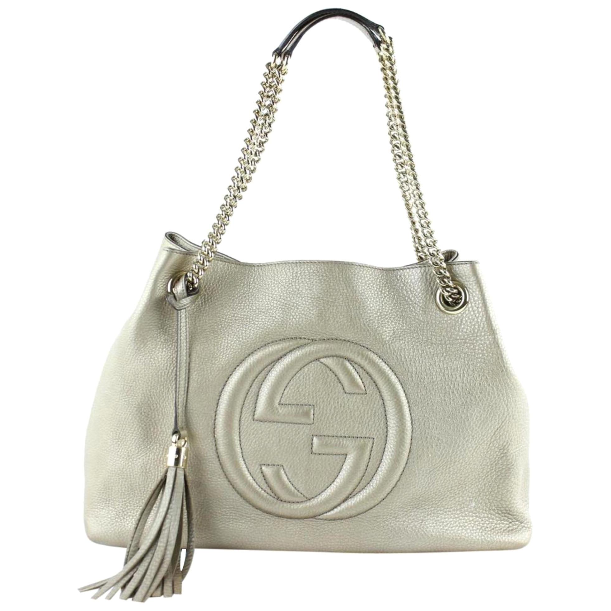 Gucci Soho Metallic Chain Tote 20ge0108 Gold Leather Satchel For Sale