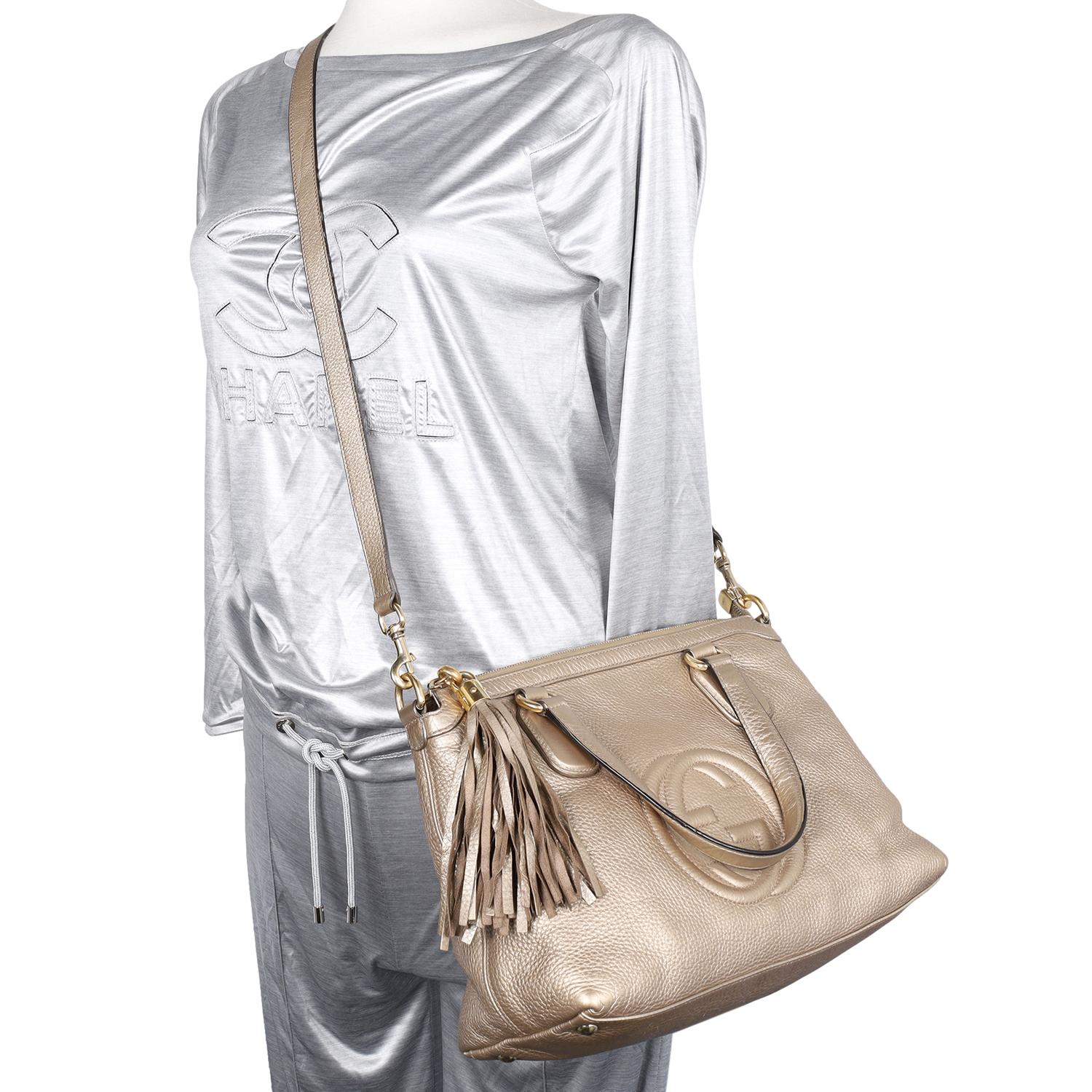 Gucci Soho Metallic Gold Pebbled Kalbsleder Top Handle Bag aus Kalbsleder im Angebot 8
