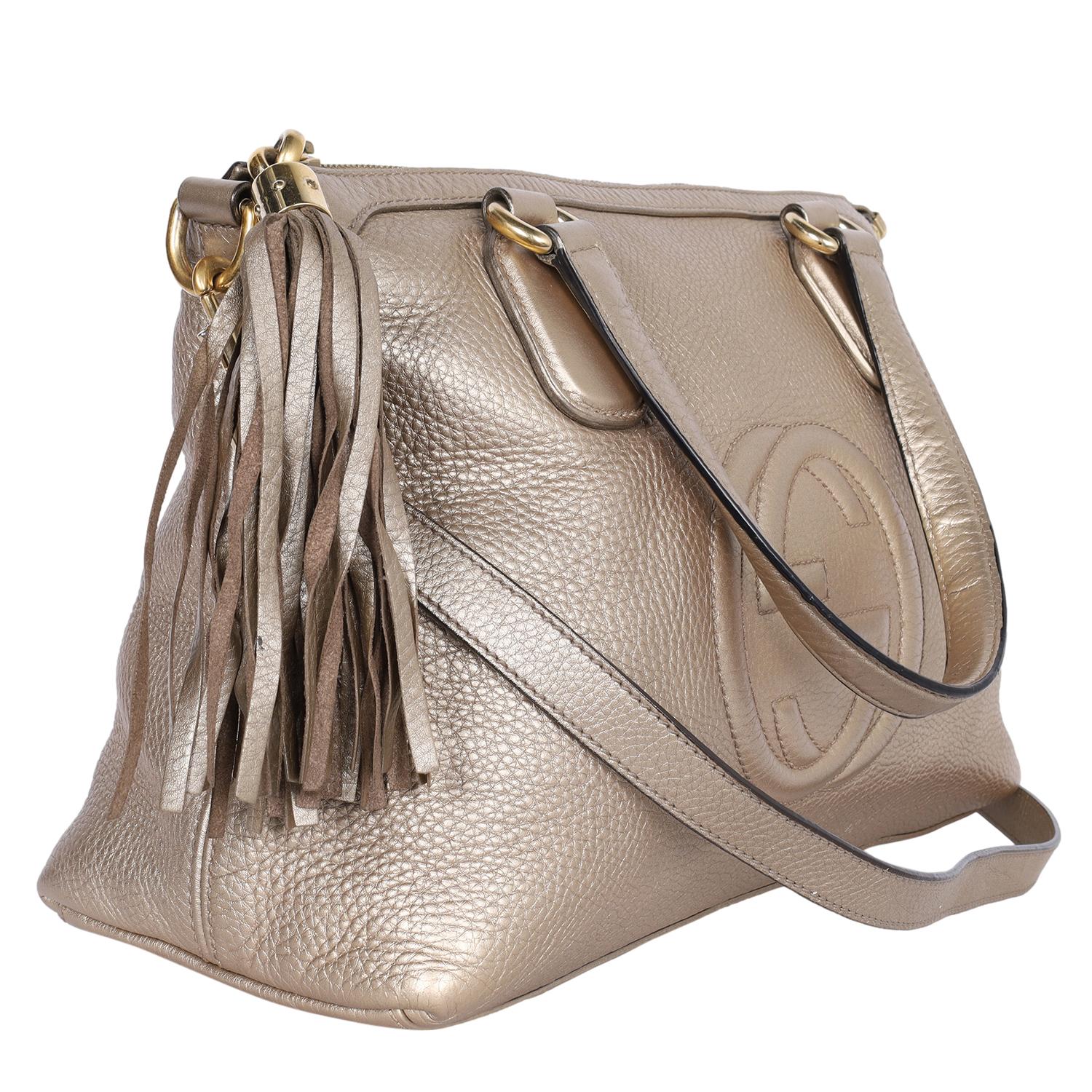 Women's Gucci Soho Metallic Gold Pebbled Calfskin Leather Top Handle Bag For Sale