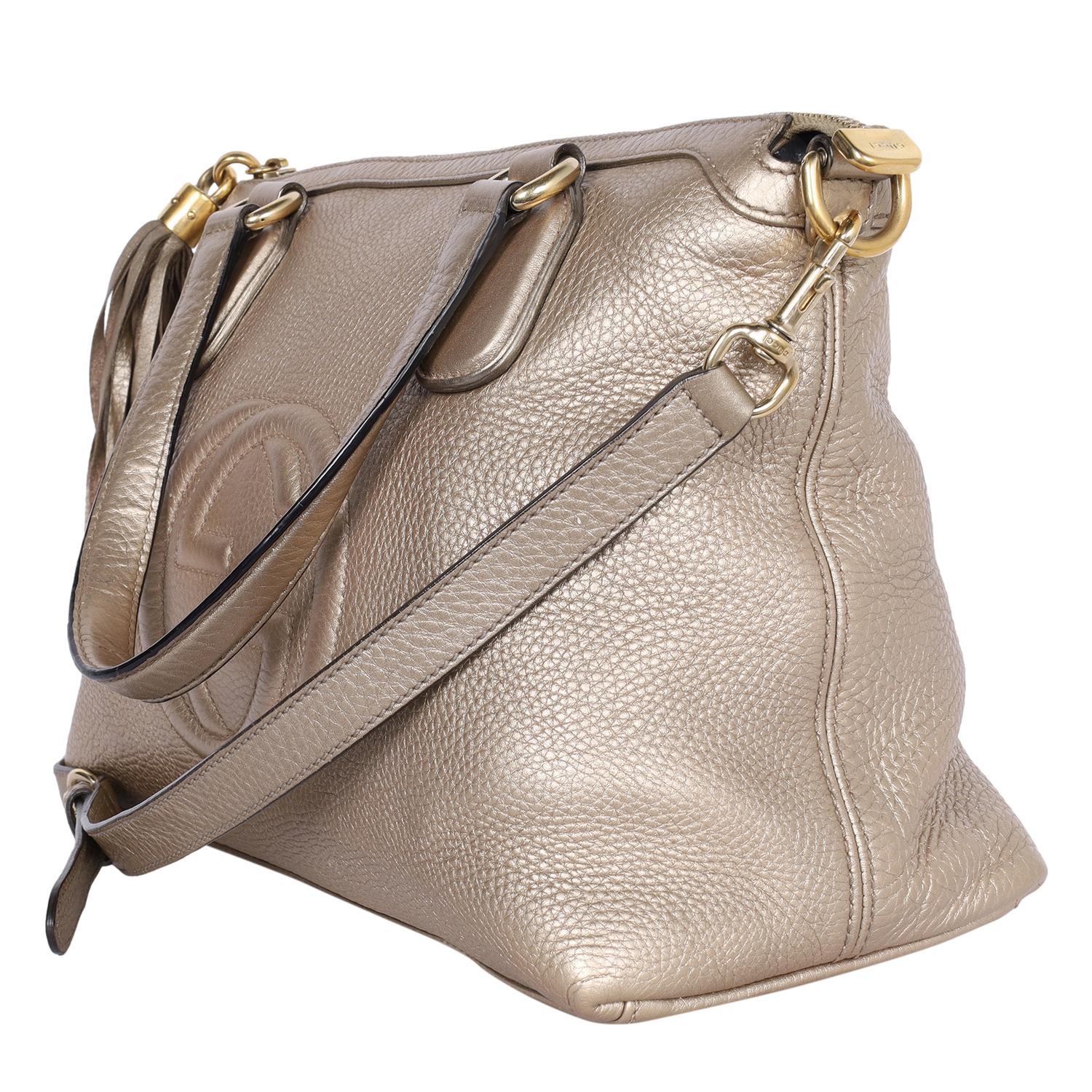Gucci SOHO Metallic Gold Pebbled Calfskin Leather Top Handle Bag en vente 1