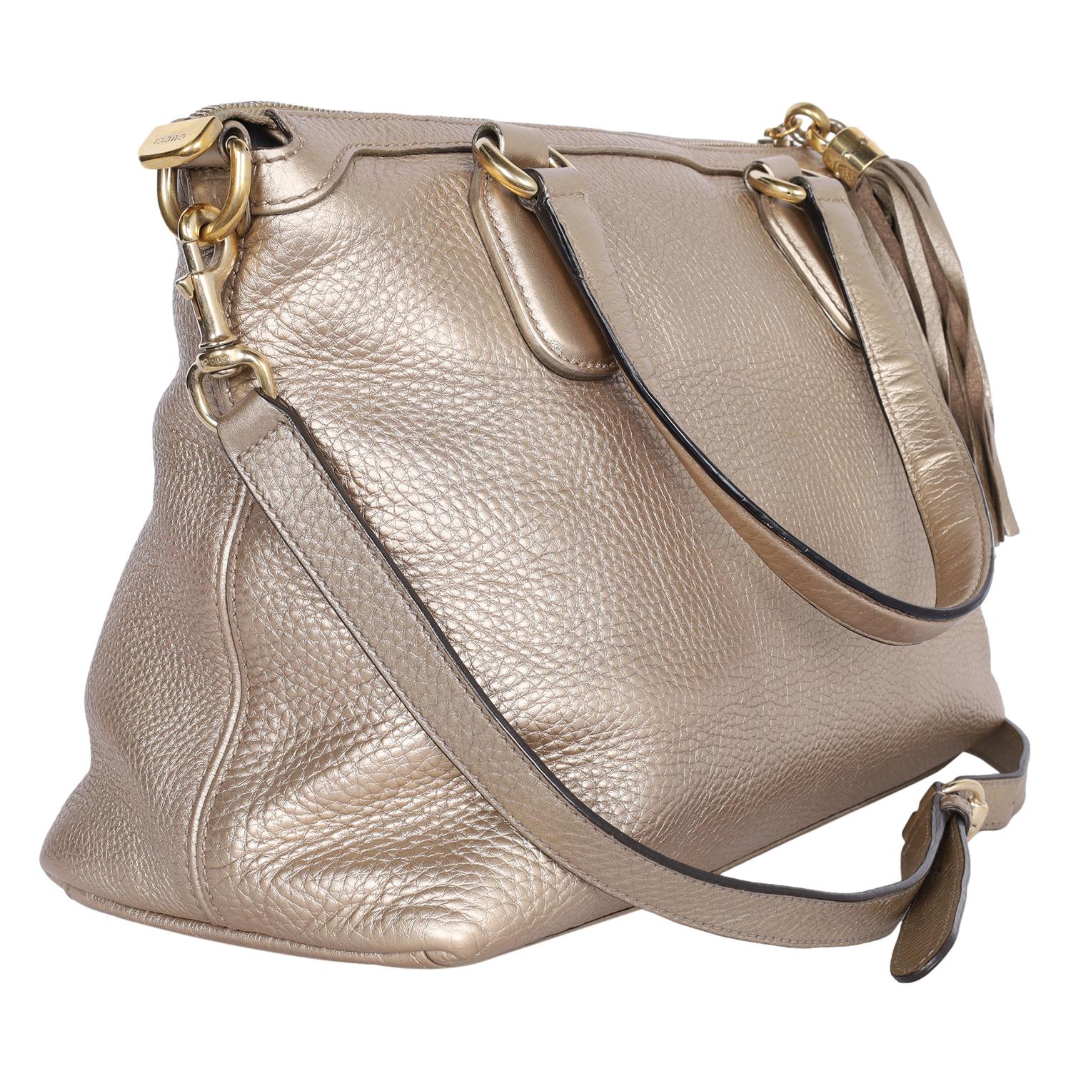 Gucci Soho Metallic Gold Pebbled Kalbsleder Top Handle Bag aus Kalbsleder im Angebot 3