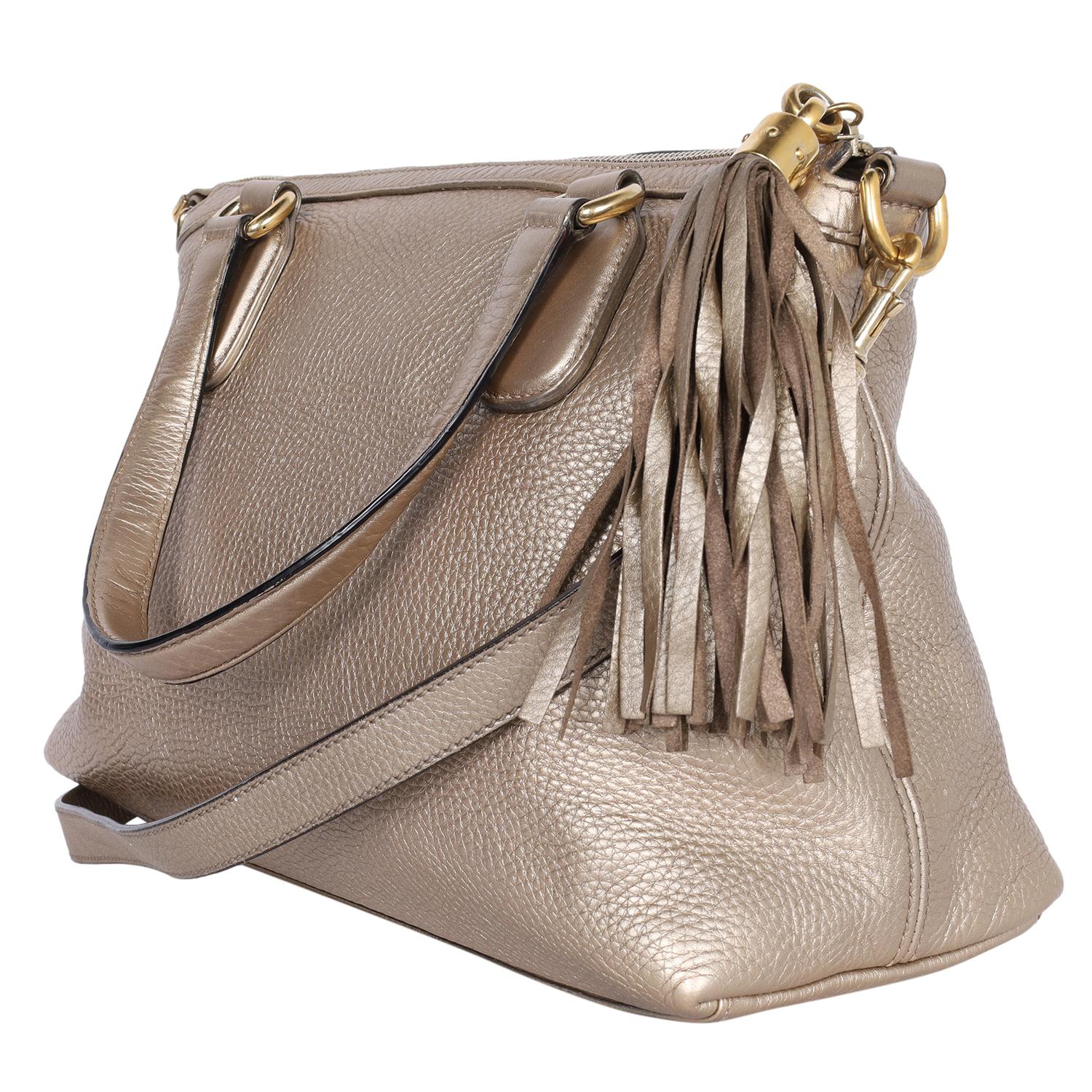 Gucci Soho Metallic Gold Pebbled Kalbsleder Top Handle Bag aus Kalbsleder im Angebot 4