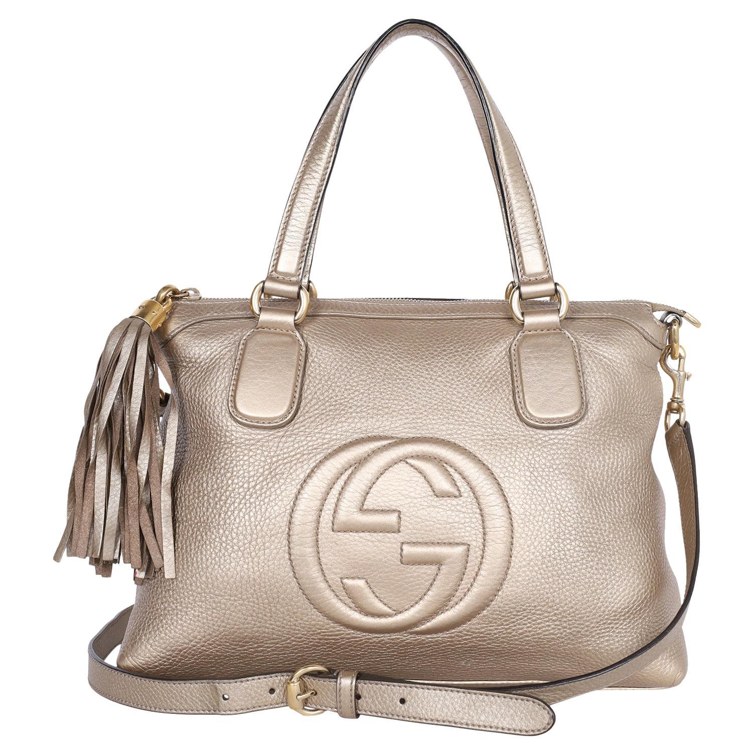 Gucci SOHO Metallic Gold Pebbled Calfskin Leather Top Handle Bag en vente
