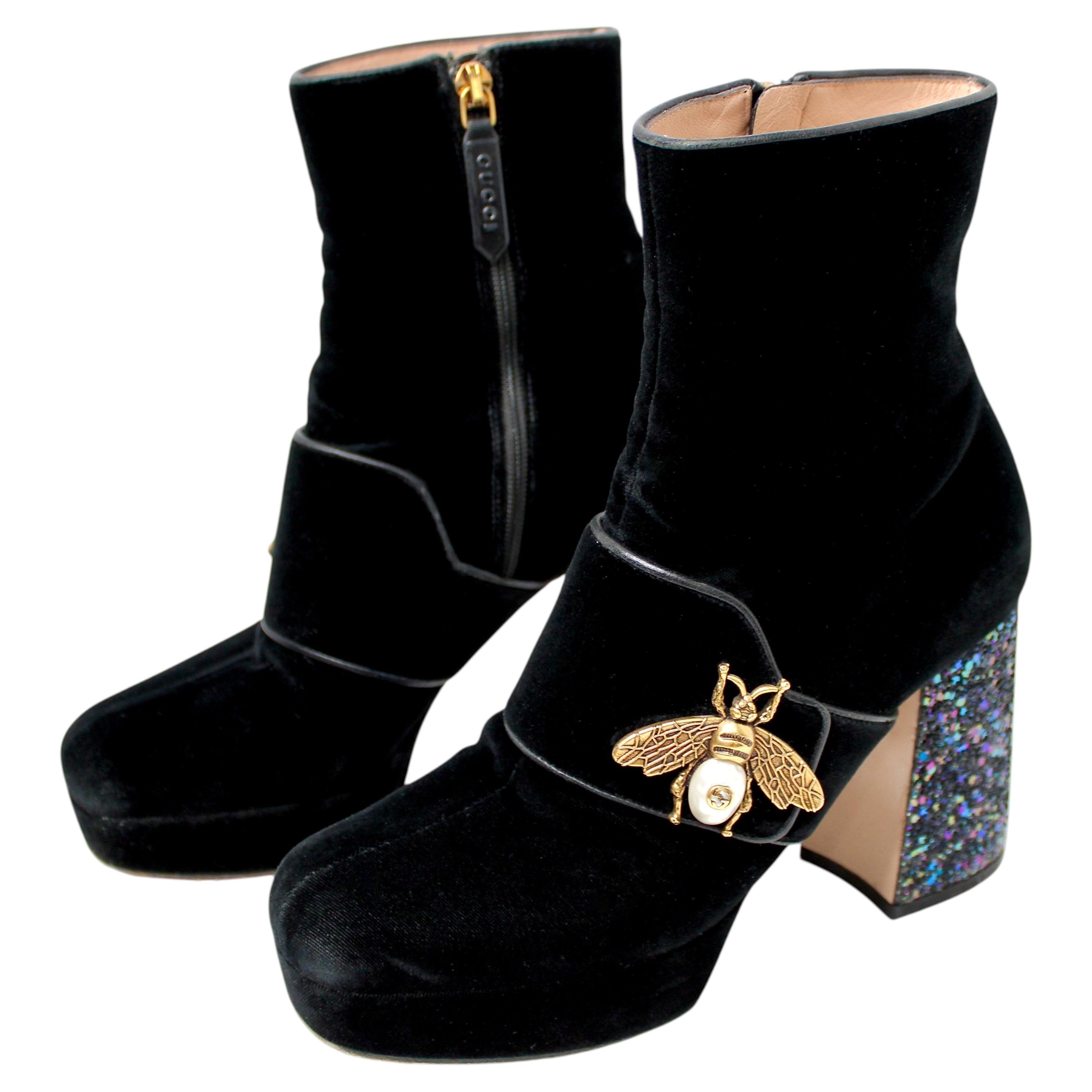 Pre-owned Gucci Soko Bee Black Velvet Platform Ankle Boots With Glitter Heel