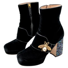 Gucci Soko Bee Black Velvet Platform Ankle Boots With Glitter Heel