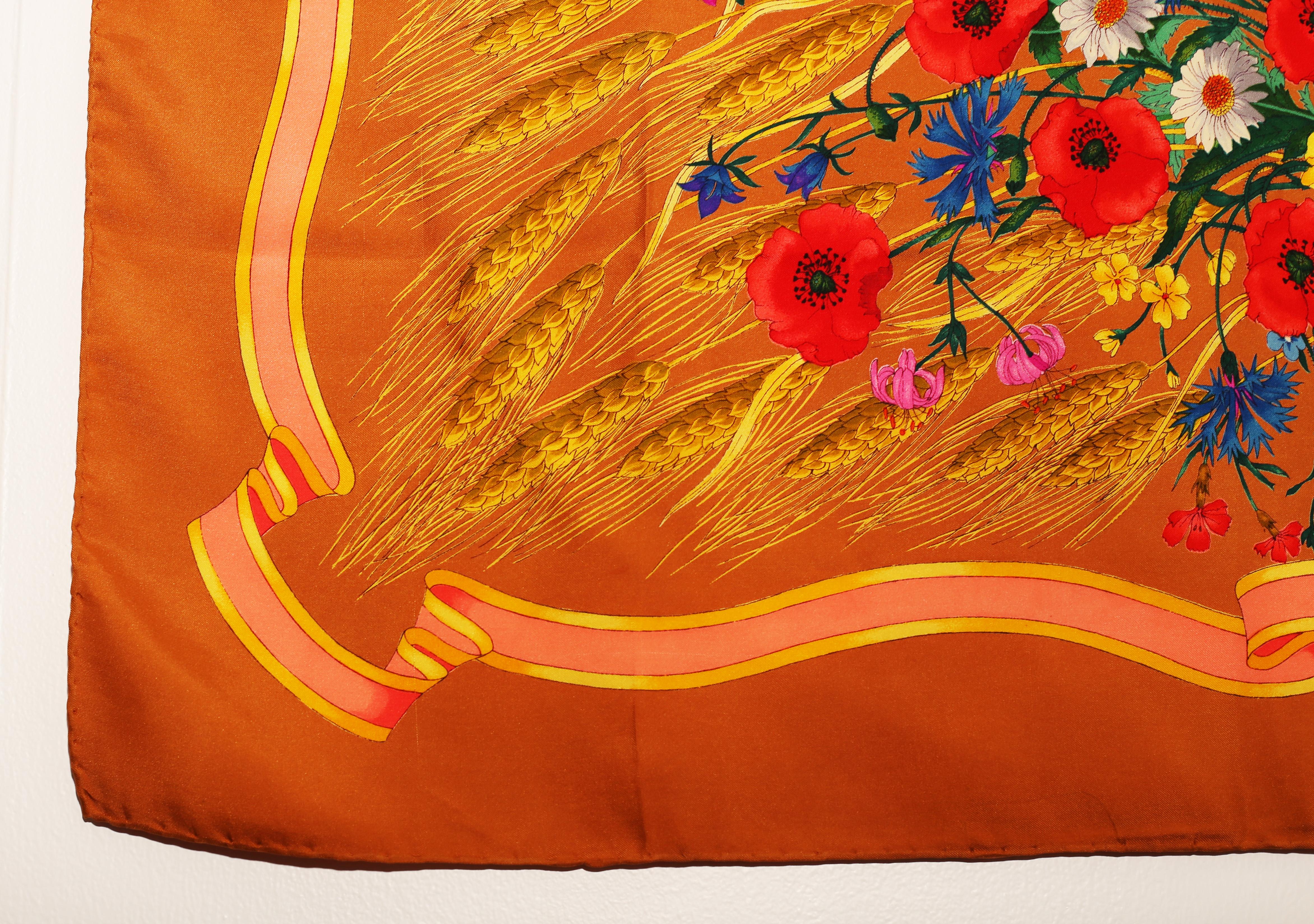 Early 1970's Scarf Spighe  Wheat  printed on silk, gorgeous bouquet of poppy flowers and wheat coming out of one corner and around it. illustrator Vittorio Accornero designed some iconic scarves for Gucci in the late 60s and 70s, and the label’s