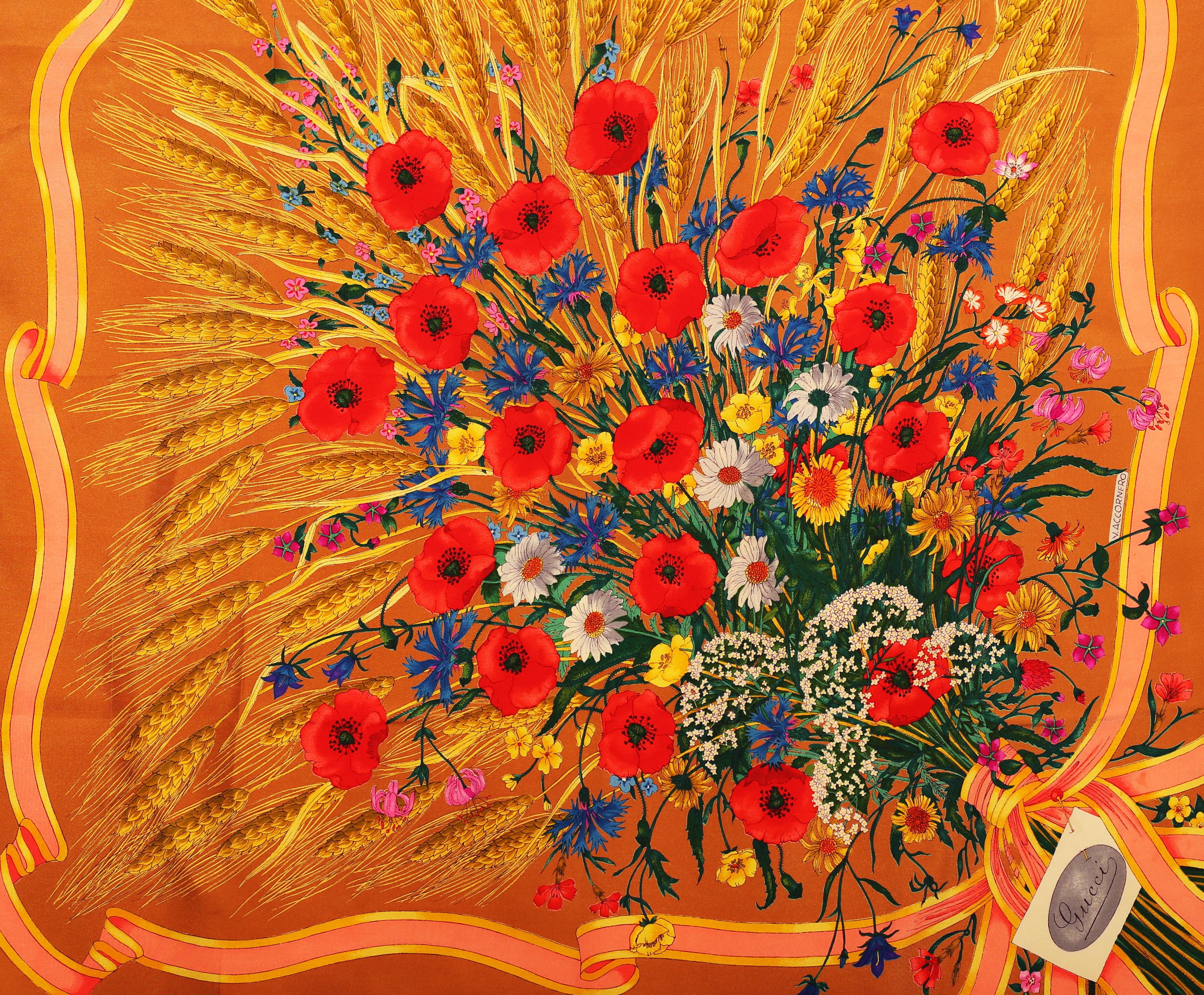 Orange Gucci Spighe Wheat and  Poppy Flowers signed by Vittorio Acornero 1960´s-1970´s For Sale