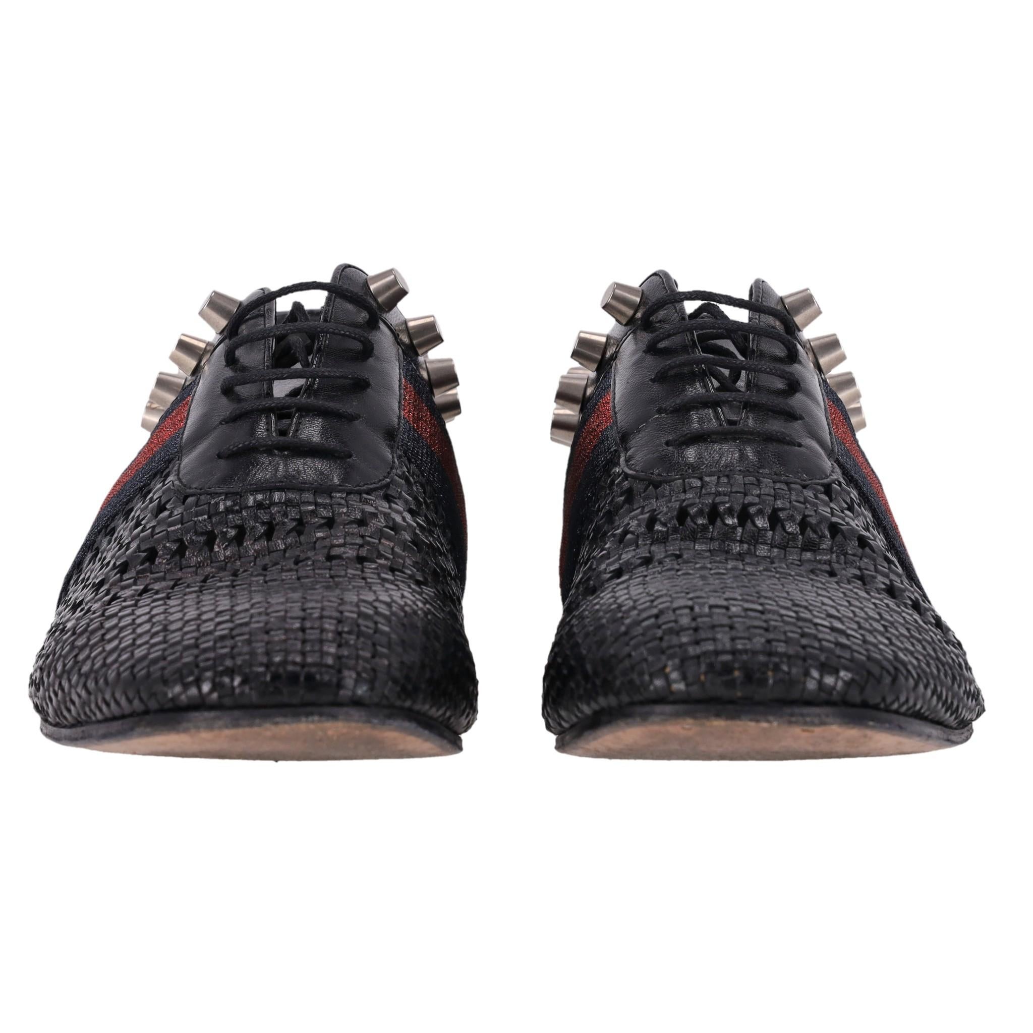Black Gucci Spike Detailed Woven Leather Web Stripe Derby Shoes For Sale