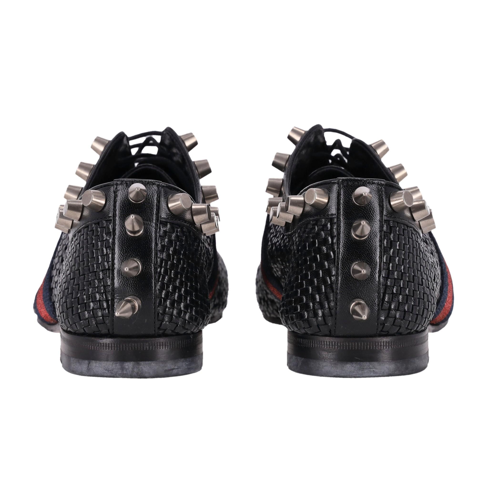 Men's Gucci Spike Detailed Woven Leather Web Stripe Derby Shoes For Sale