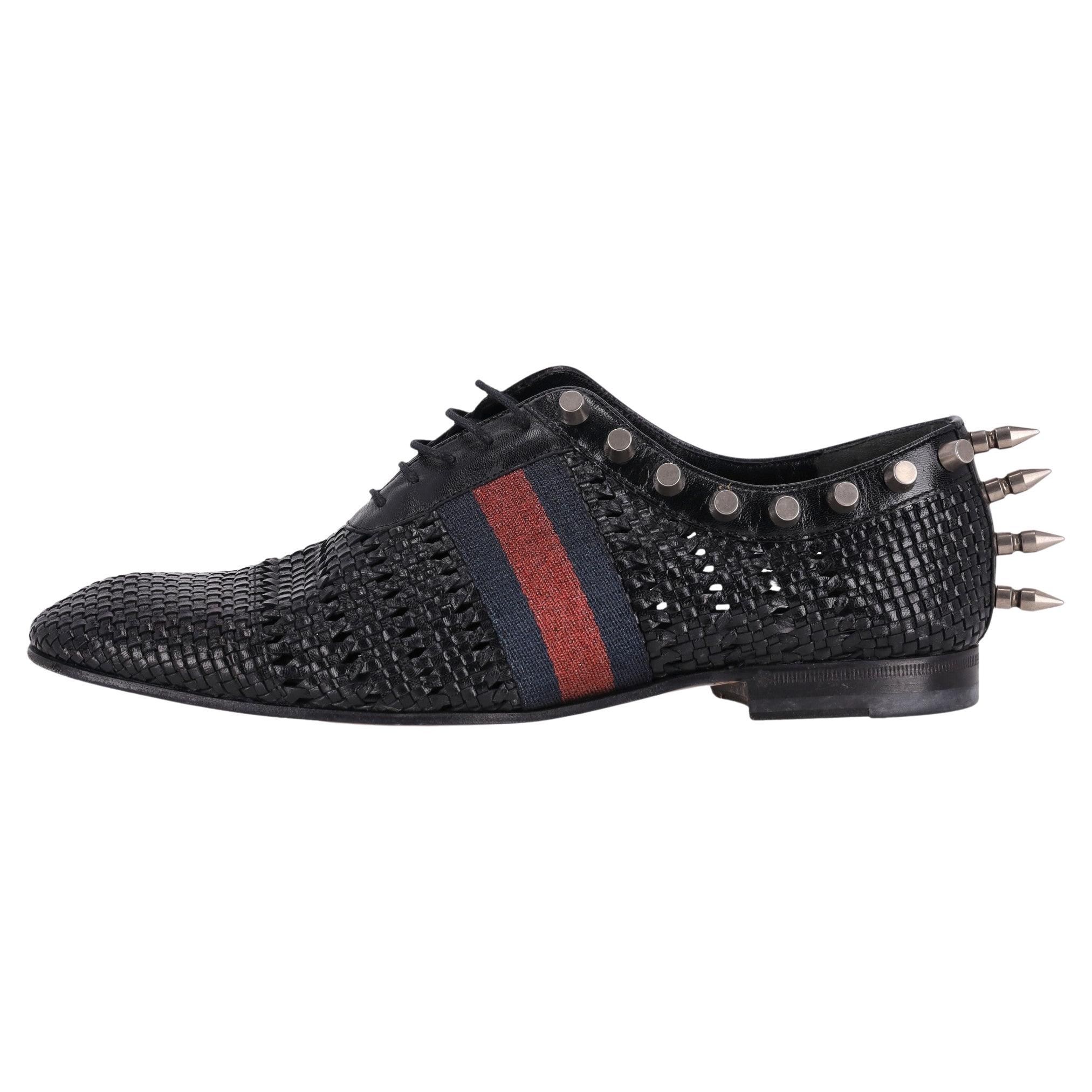 Gucci Spike Detailed Woven Leather Web Stripe Derby Shoes For Sale