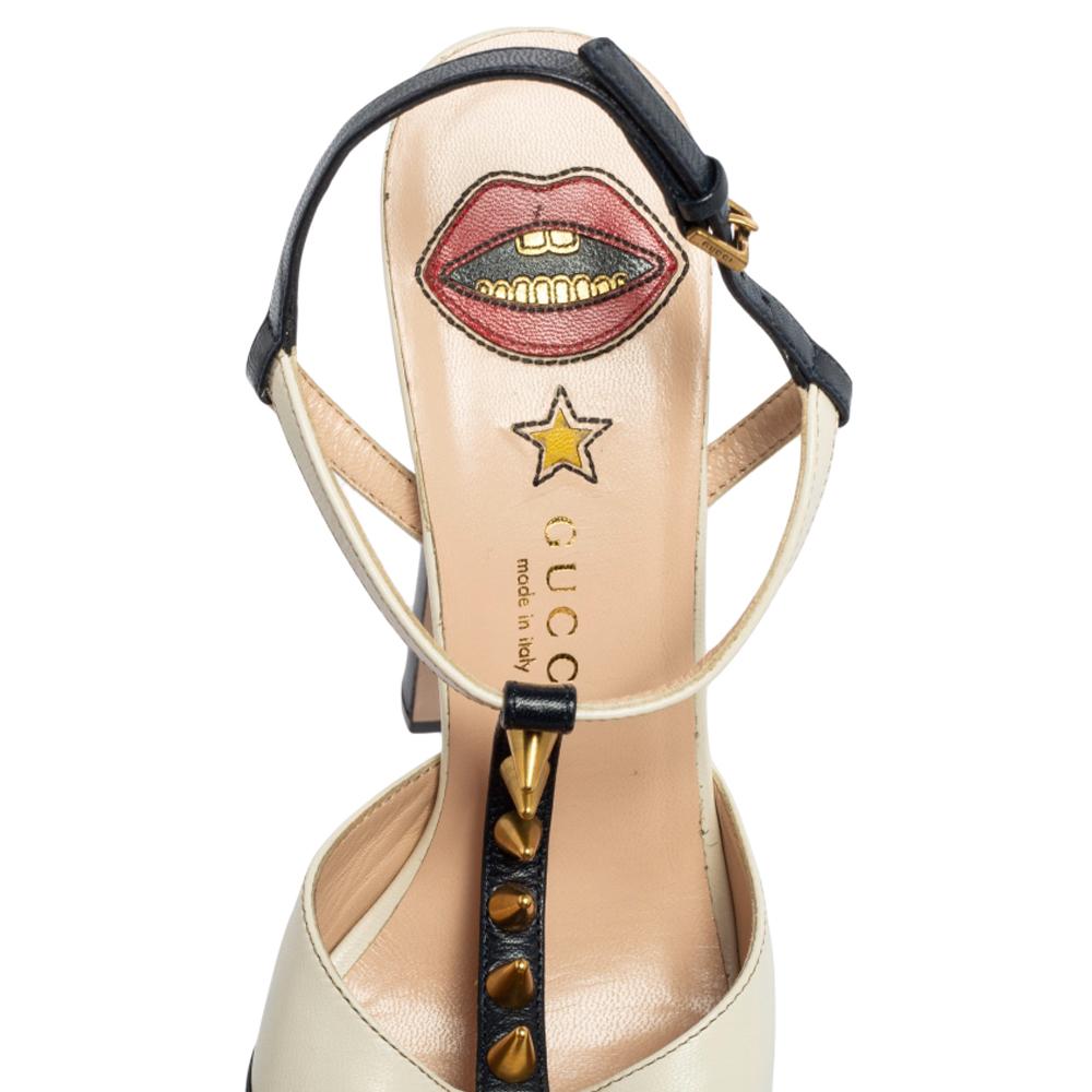 Gucci Spike Studded Leather Platform Ankle-Strap Pumps Size 38  In Good Condition In Dubai, Al Qouz 2