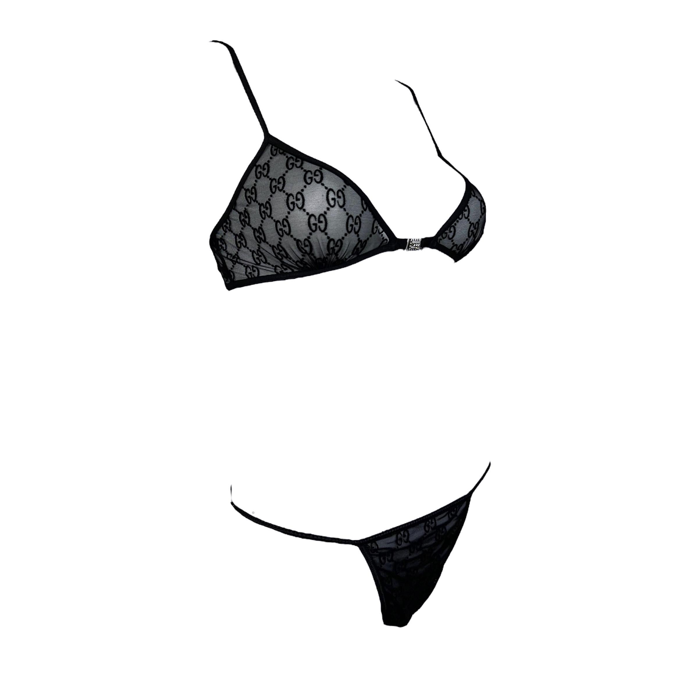 Iconic Gucci by Tom Ford monogram lingerie set from Spring Summer 1998 collection as seen on the runway. This lingerie set is made of delicate black mesh with tone on tone black Gucci monogram and includes a Gucci G logo front clasp hardware covered