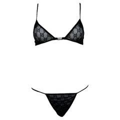 Gucci Gg Logo Sheer-lace Lingerie Set, Woman Underwear Black Xs