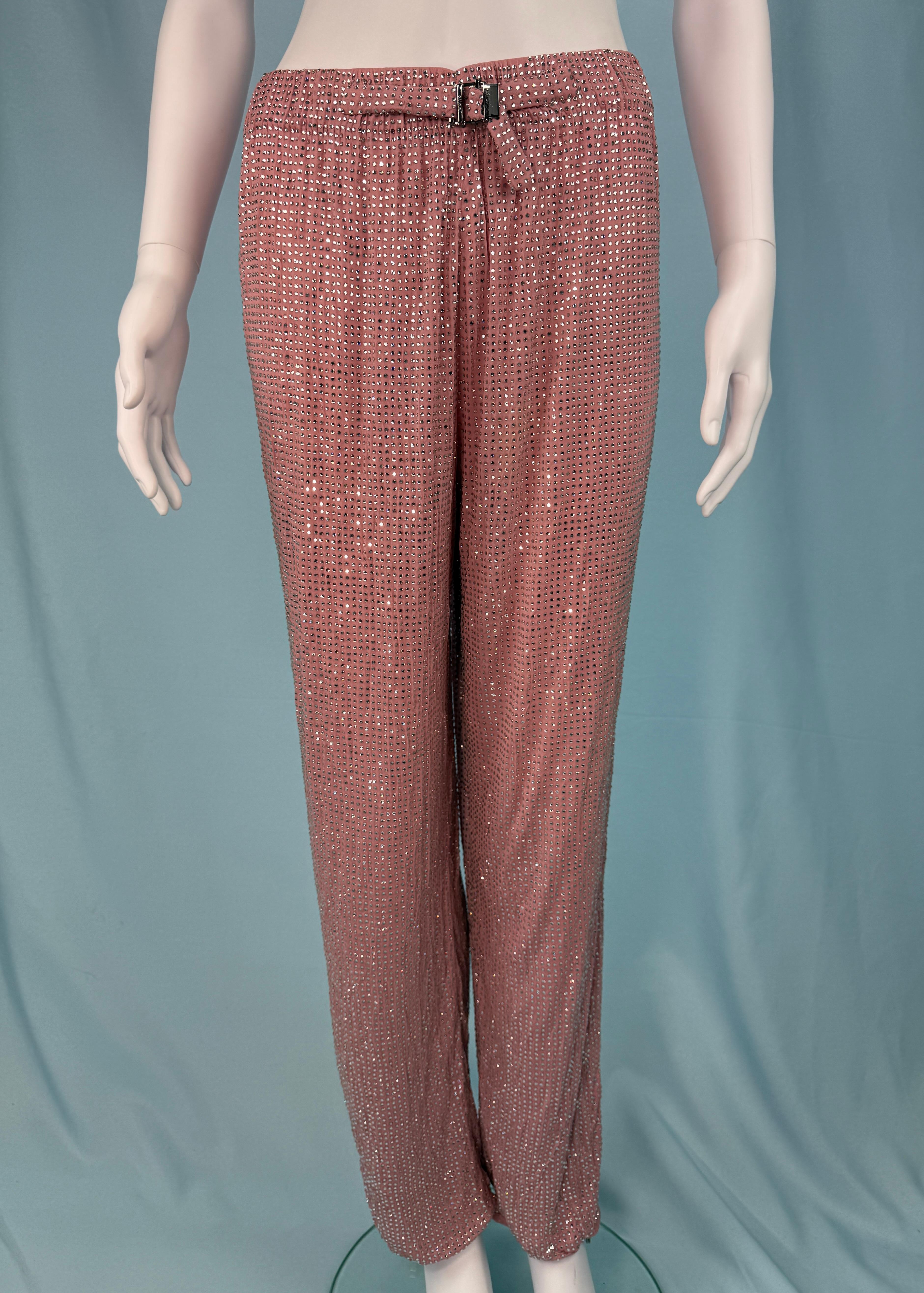 Gucci Primavera 2000 Pasarela Rosa Pantalones Adornados con Cristales Swarovski Marrón en venta