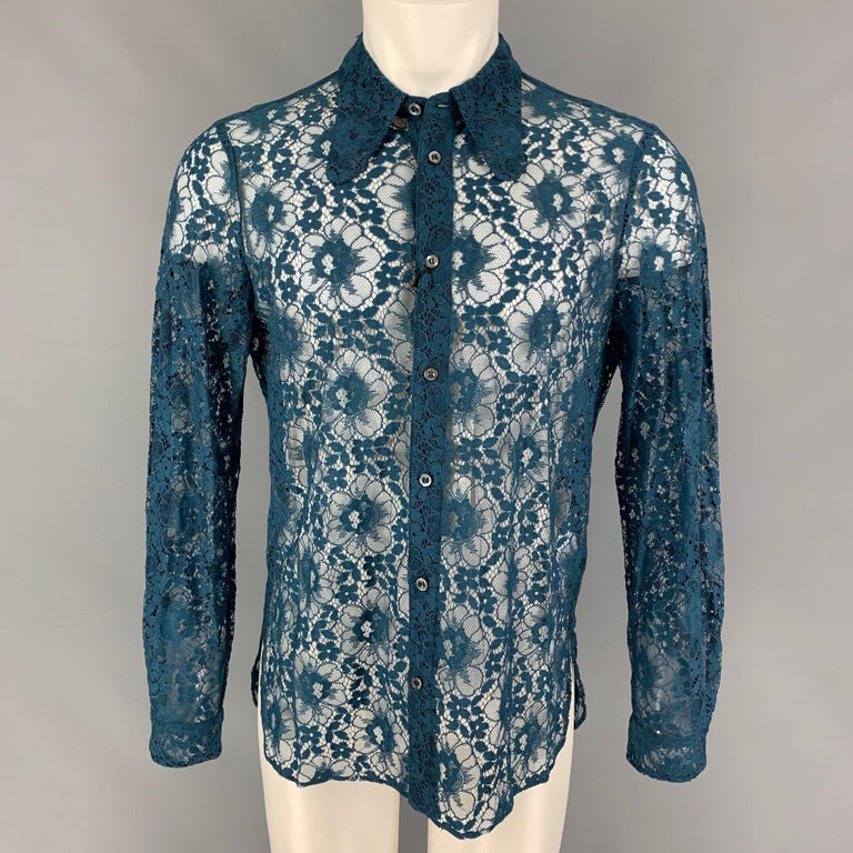 GUCCI SS 16 Size L Teal Lace Polyamide Cotton Button Up Long Sleeve