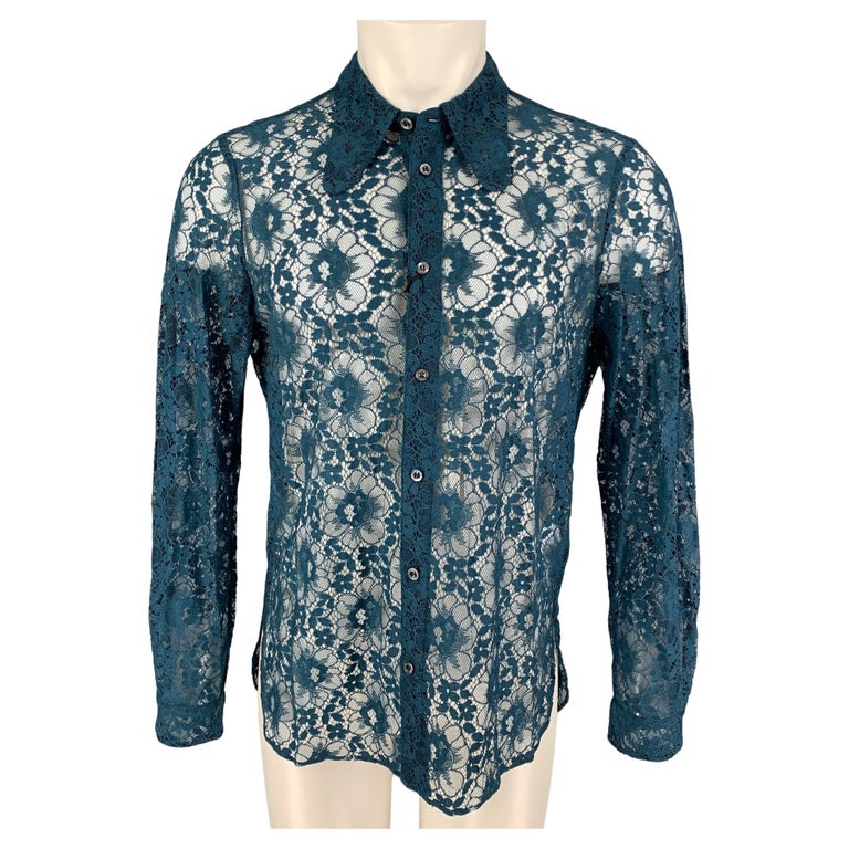 GUCCI SS 16 Size L Teal Lace Polyamide Cotton Button Up Long Sleeve Shirt  For Sale at 1stDibs