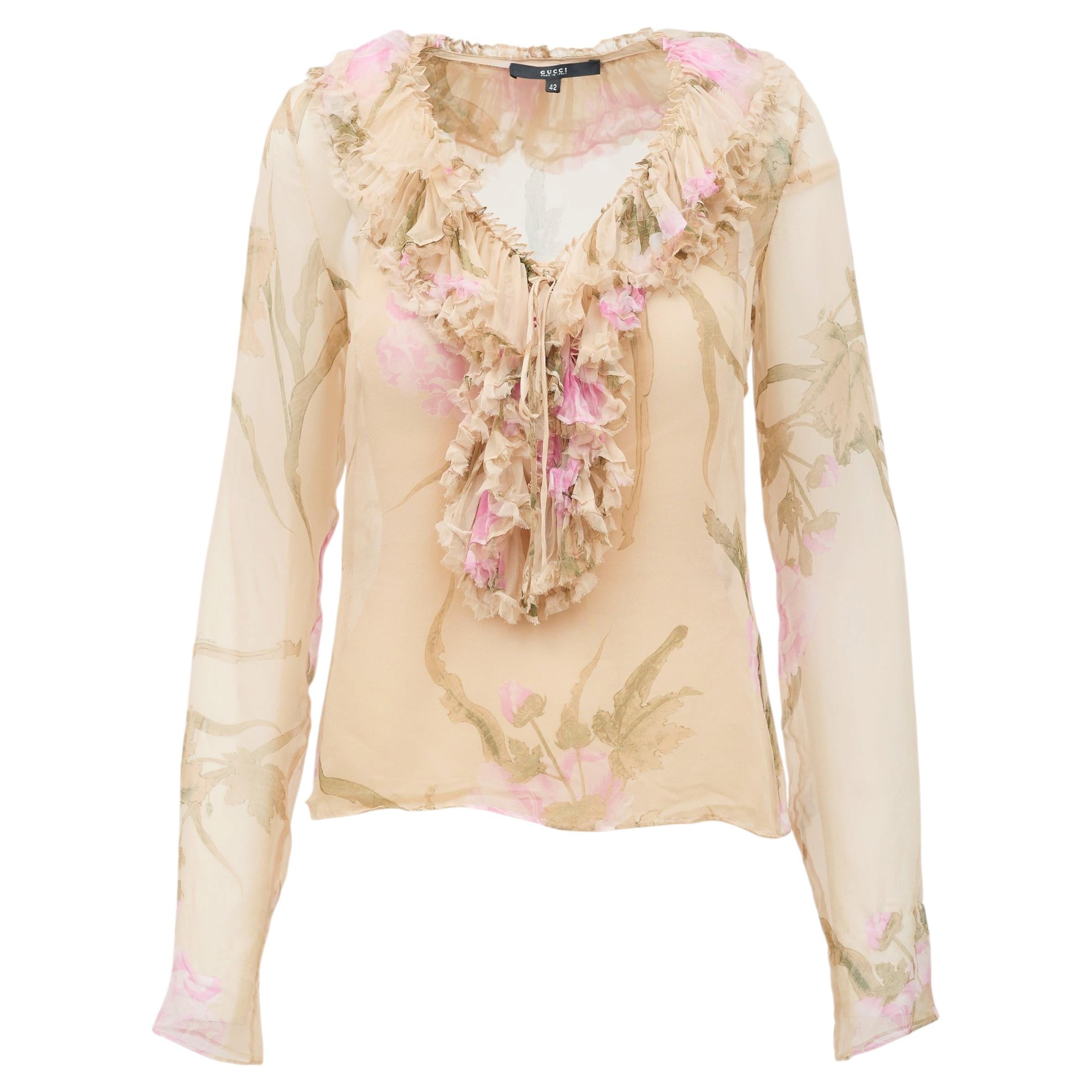 Gucci SS 2003 Tom Ford Sheer Beige Pink Floral Ruffle Blouse IT 42
