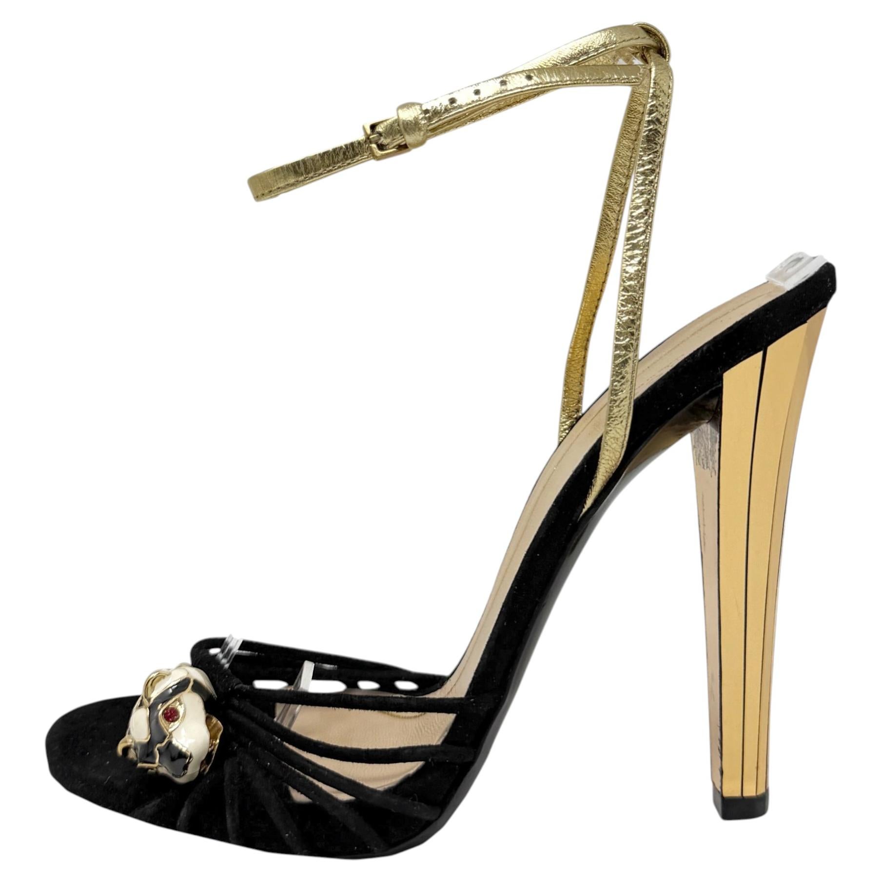 Gucci SS 2012 Panther Head Runway Sandals Black Suede Gold Heels 38