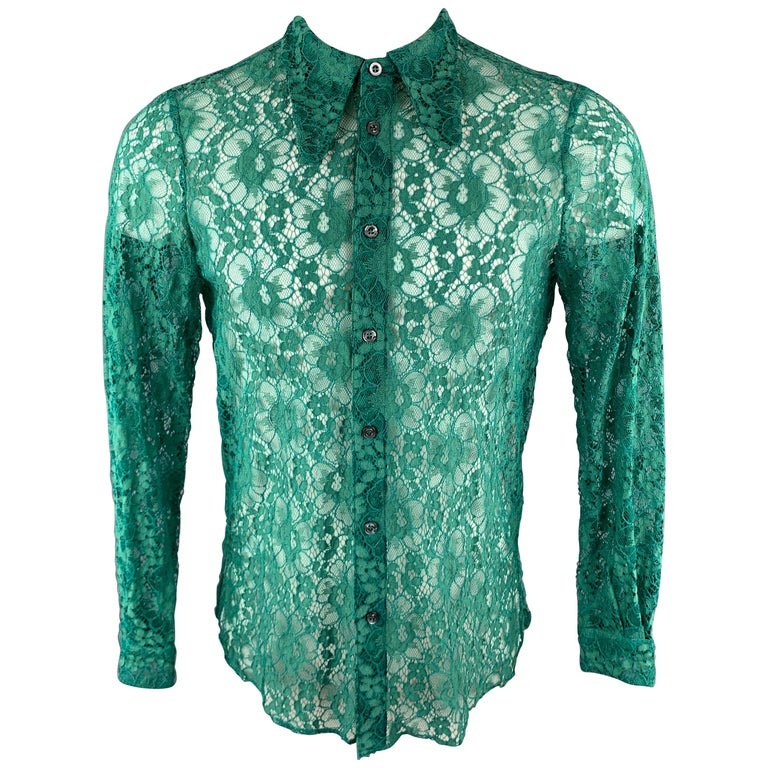 GUCCI SS 2016 Size S Green Lace Button Up Pointed Collar Long Sleeve
