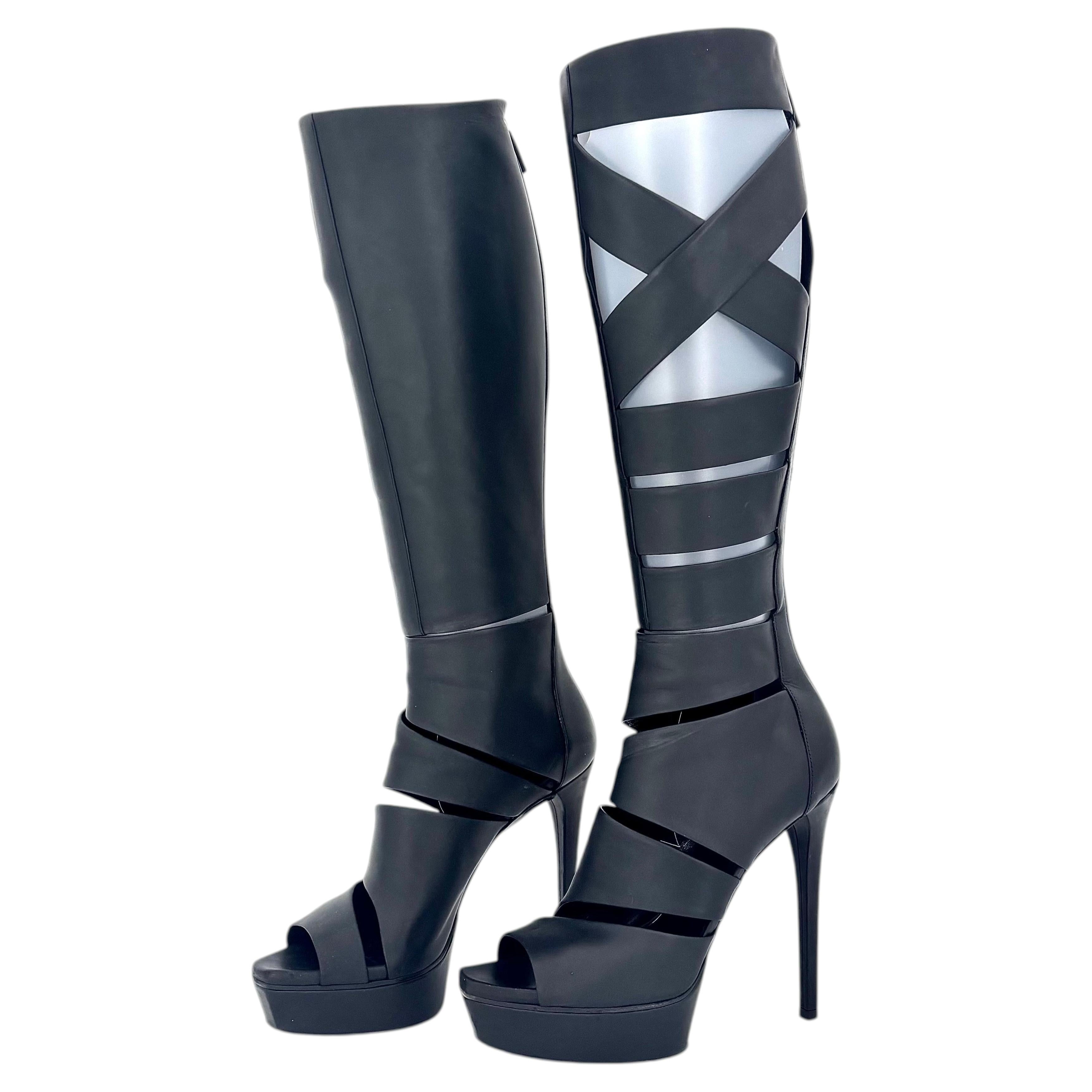 Pre-owned Gucci Ss2010 Helena Babylon Cutout Bondage Knee High Platform Boots Sandals 37.5 In Black