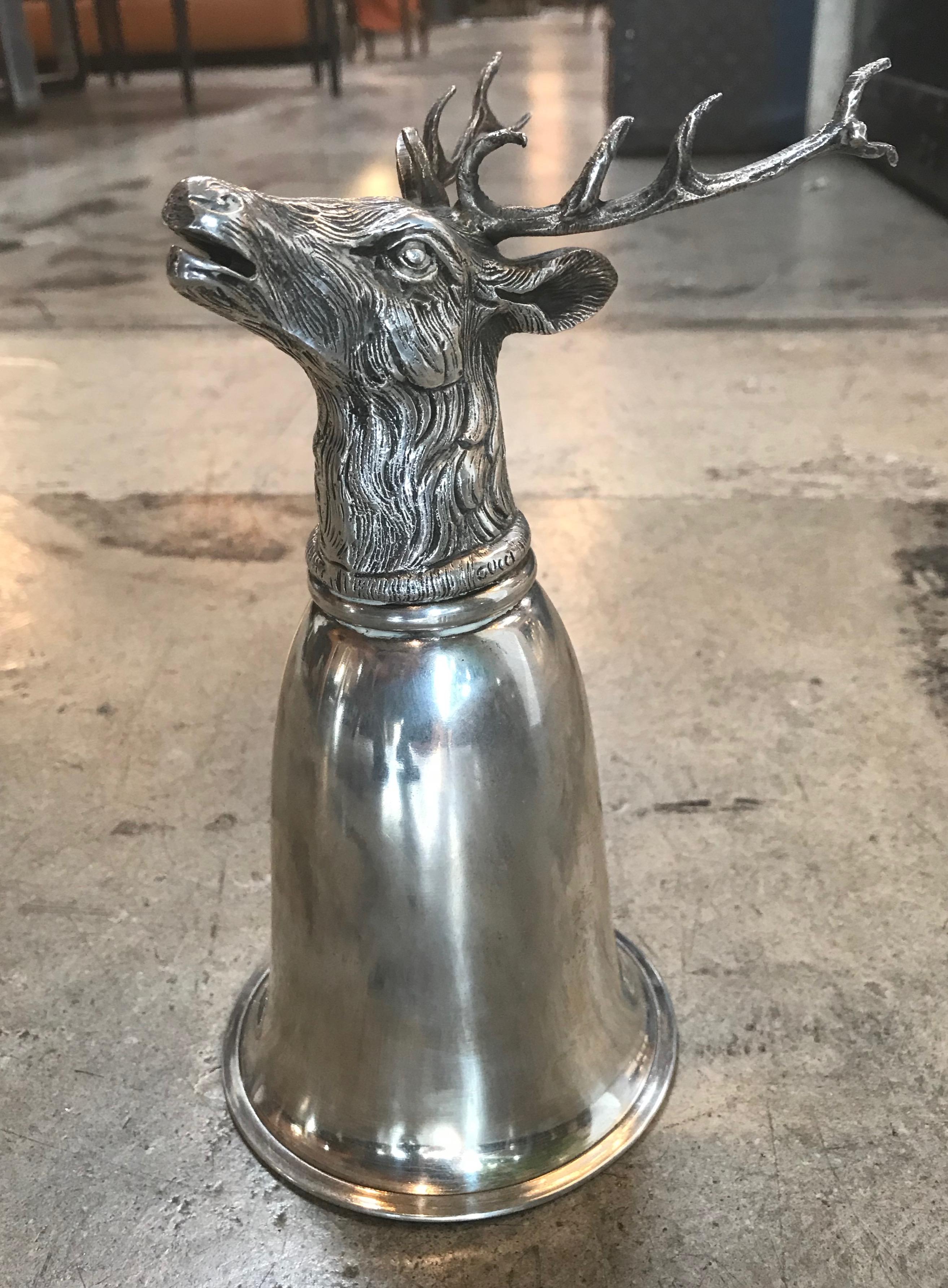 Gucci stag silver stirrup cup signed, Italy, 1970s. Can be displayed as pictured or with the cup upside down, resting on the stag's antlers. Signed Gucci with impressed marked.