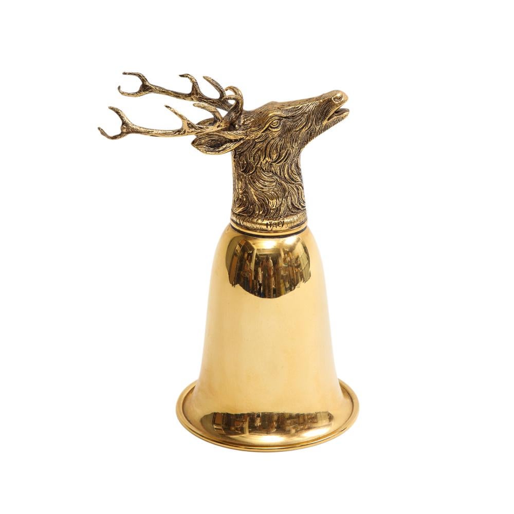 Gucci stag stirrup cup, brass, gold washed, Signed. The largest of the stag stirrup cups. Can be displayed resting on the stag's antlers and used as a vase (photo 17). Two separate engraved signatures on the collar of the stag which read: Gucci and