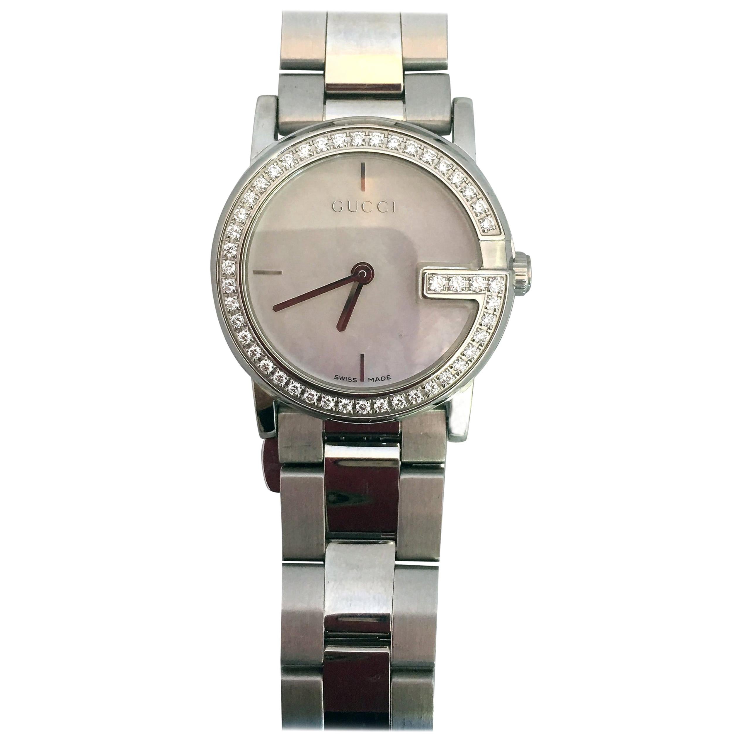 Gucci Stainless Steel Mother of Pearl Face Diamond Encrusted "101L" Watch For Sale