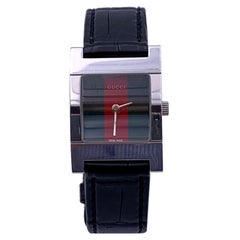 Gucci Stainless Steel Web Wrist Watch Mod 7700 L Leather Strap