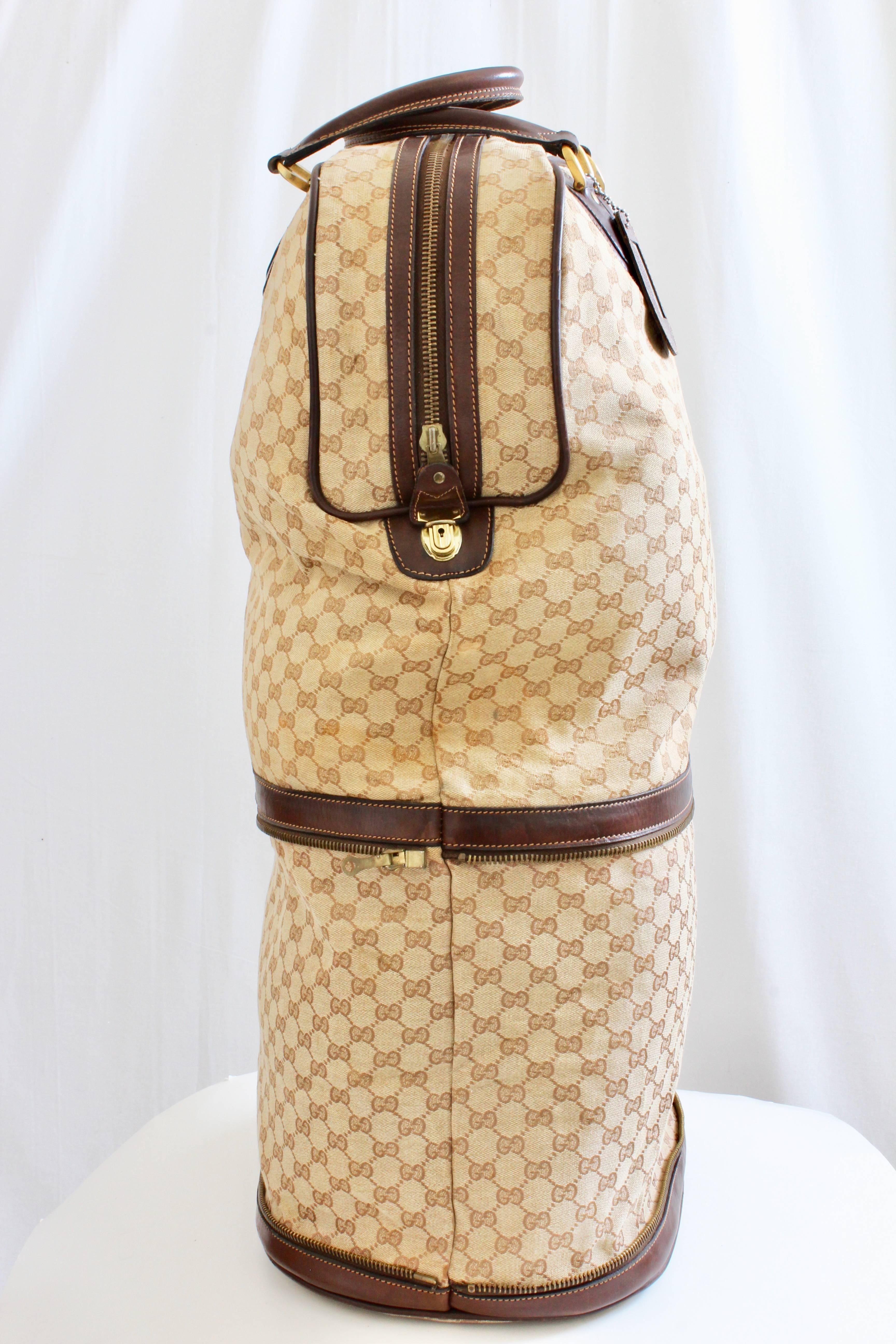 Beige Gucci Supreme Canvas and Leather Steamer Bag Keepall Expandable Luggage, 1970s