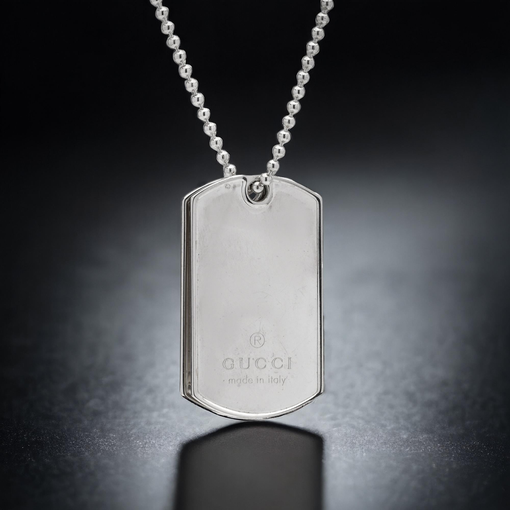 Gucci Sterling 925 Silver Double Dog Tag Ball Chain Unisex Pendant Necklace. 
Designer / Maker: Gucci
Made in Italy, After 2000
Hallmarked with Gucci logo, 925 silver, Italian hallmarks. 

Dimensions -
Approx. Necklace Length: 60 cm
Tag Pendant