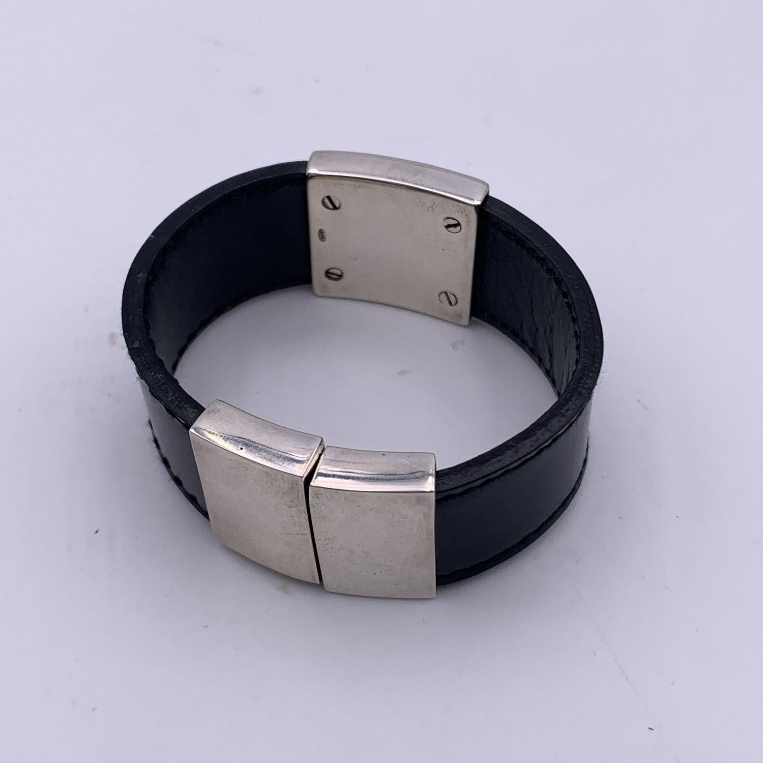 Women's Gucci Sterling Silver 925 Black Leather Bangle Cuff Bracelet