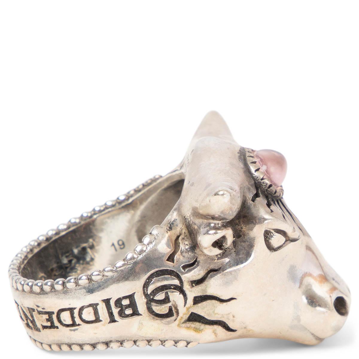 100% authentic Gucci Anger Forest Bull's Head ring in sterling silver with aged finish. Featuring a pink glass stone and 