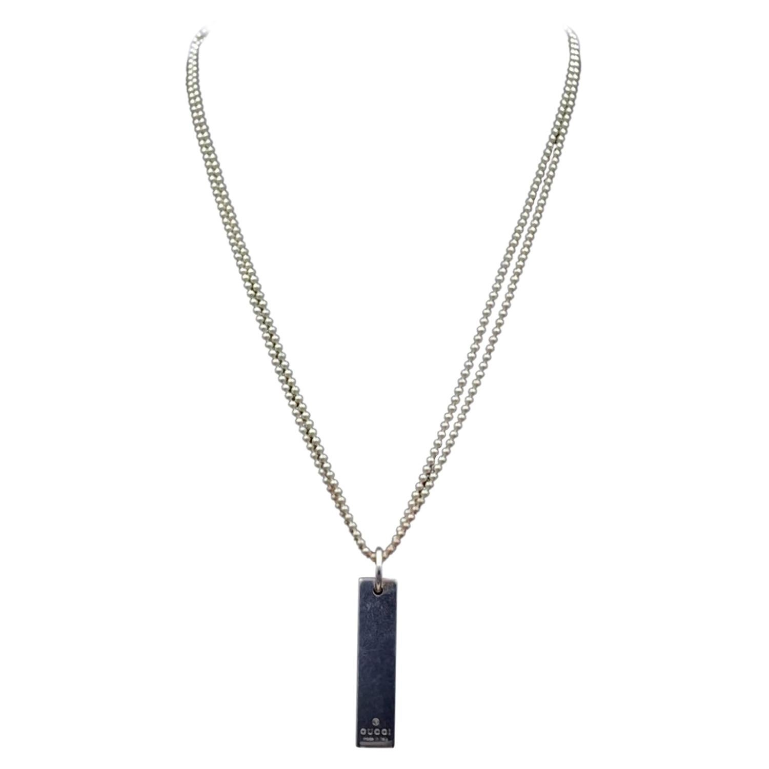 Gucci Sterling Silver Bar Tag Pendant Ball Chain Necklace
