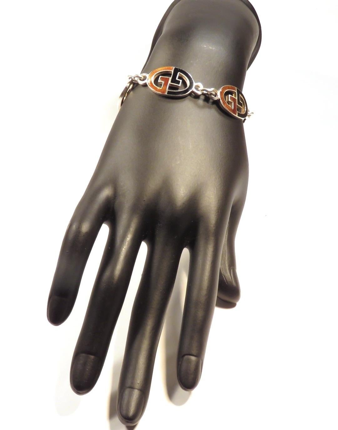 Contemporary Gucci Sterling Silver Black Brown Enamel Iconic Bracelet Handcrafted in Italy For Sale