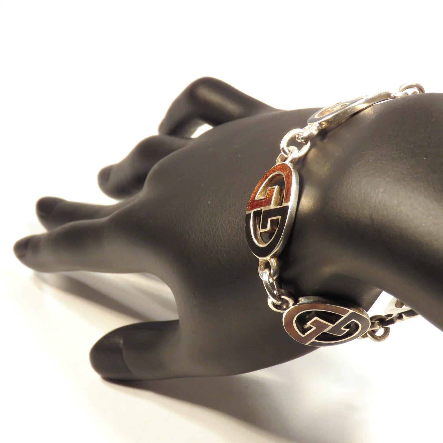 Gucci Sterling Silver Black Brown Enamel Iconic Bracelet Handcrafted in Italy In Good Condition For Sale In Milano, IT