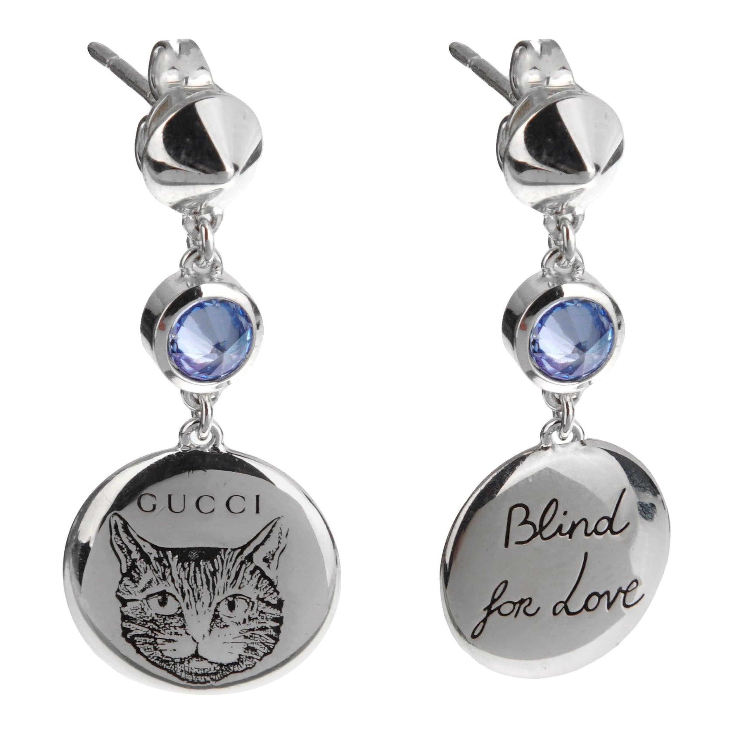 Orecchini a goccia con zircone blu in argento Sterling Blind for Love Feline di Gucci in vendita