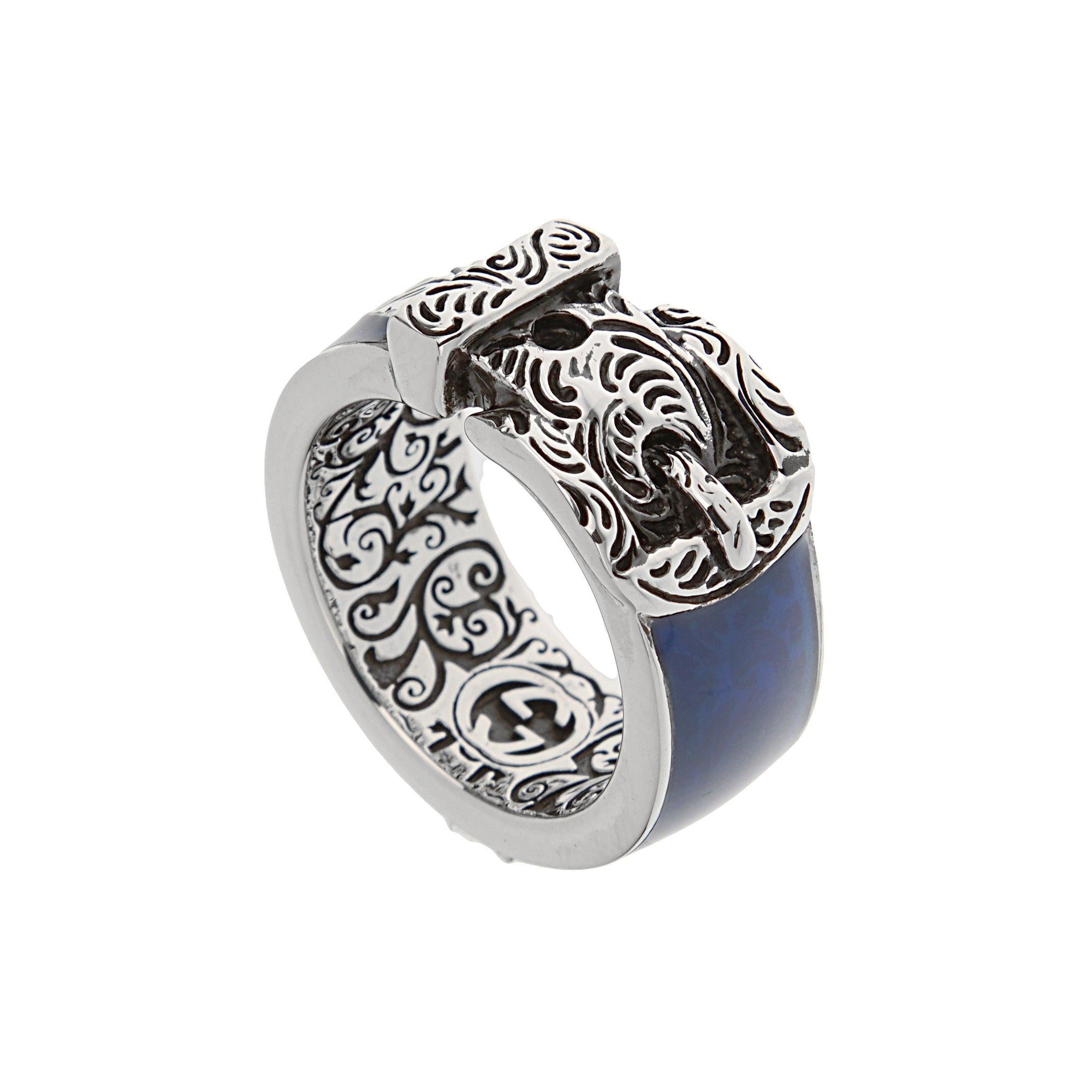Anillo Gucci de plata de ley con hebilla de esmalte azul y tigre - Talla 6 1/2 en venta