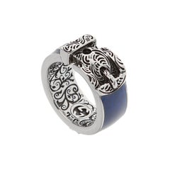 Gucci Sterling Silver Blue Enamel Buckle Ring with Tiger - Size 6 1/2