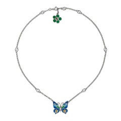Gucci Sterling Silver Butterfly Pendant Necklace Blue