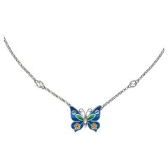 Gucci Sterling Silver Butterfly Pendant Necklace Blue
