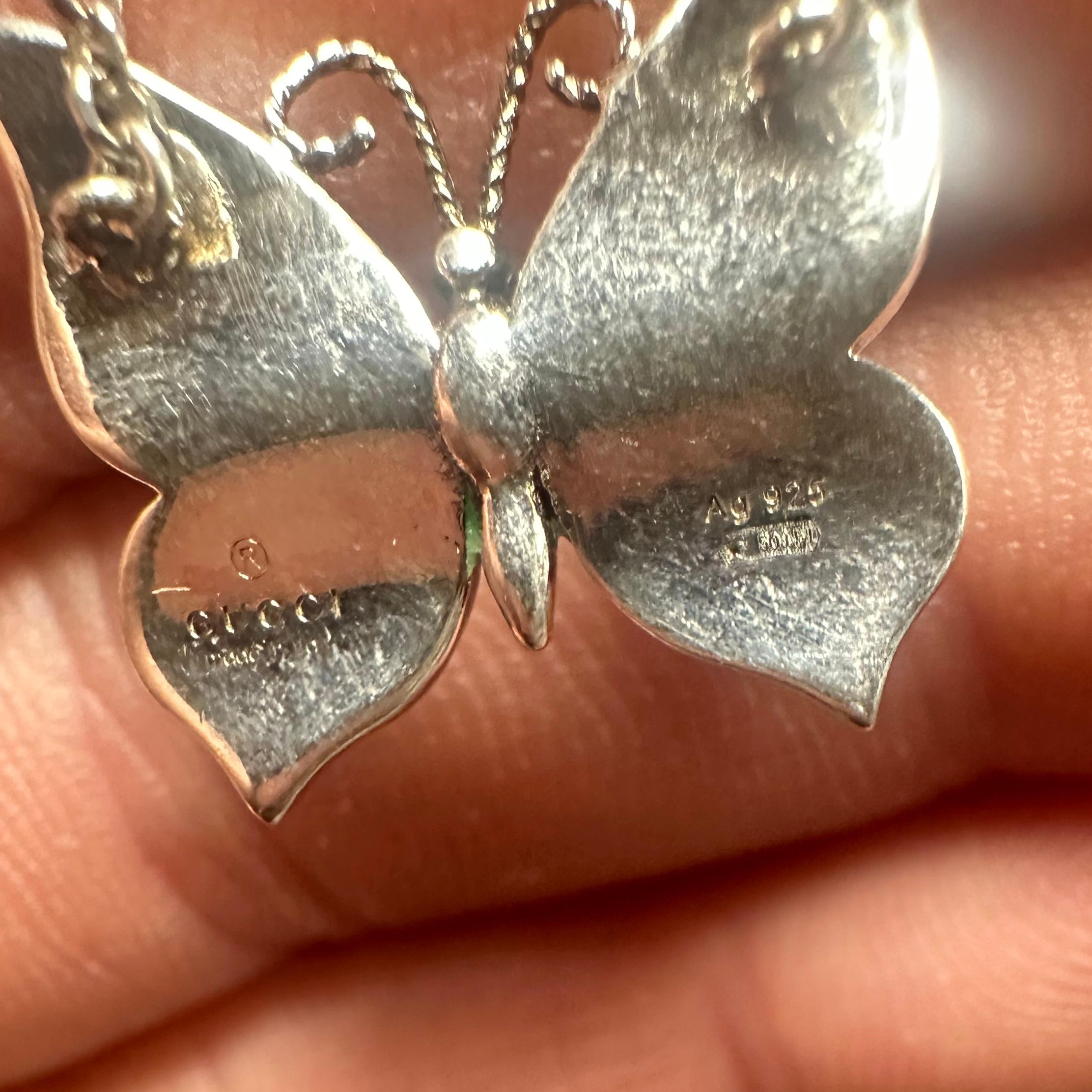 Gucci Sterling Silver Butterfly Pendant Necklace Green For Sale 1