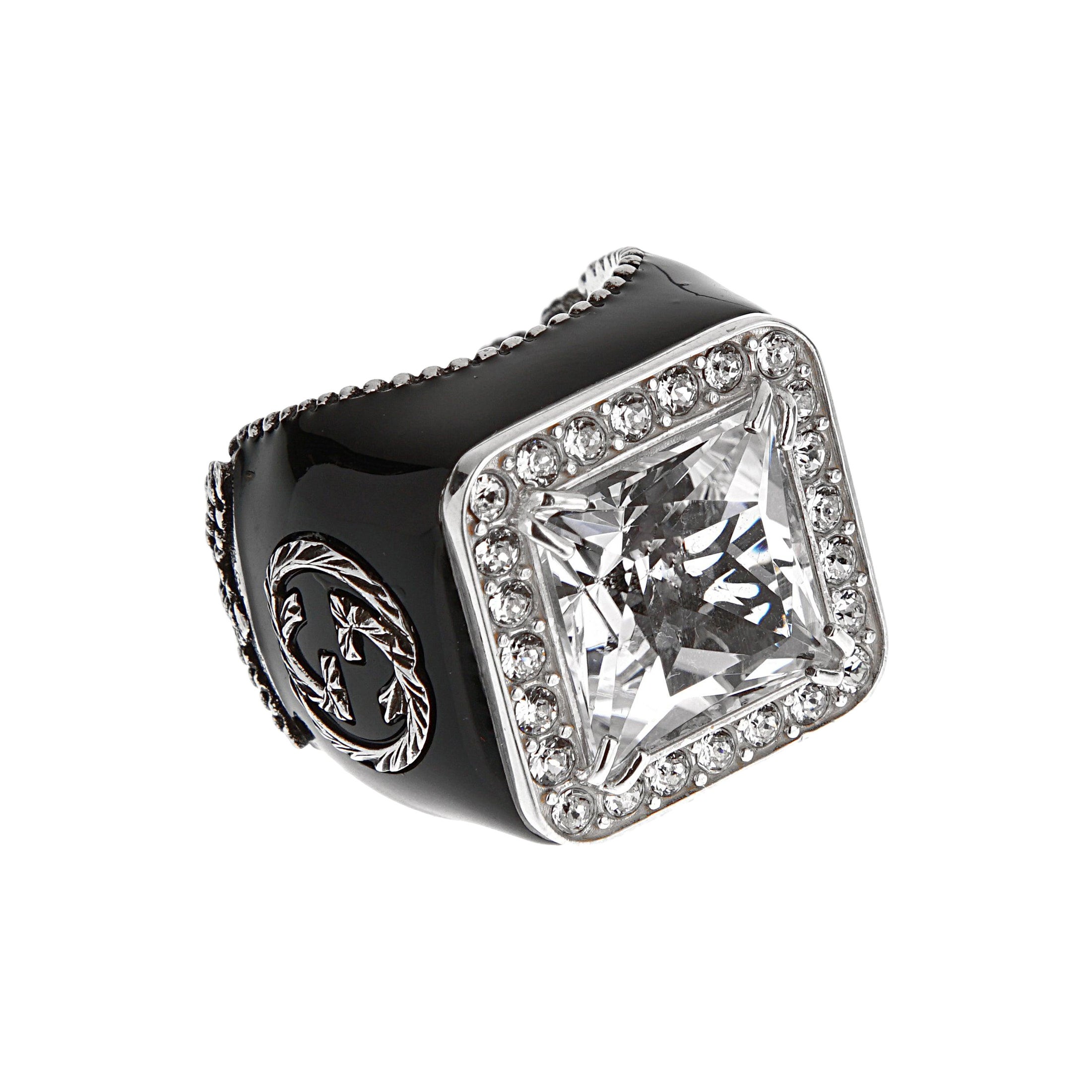 Anello Cocktail di Gucci in argento 925 con smalto nero e cristalli trasparenti