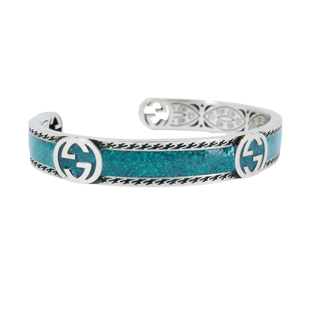 Femenino o masculino Brazalete Gucci de plata de ley con esmalte y una G entrelazada en venta