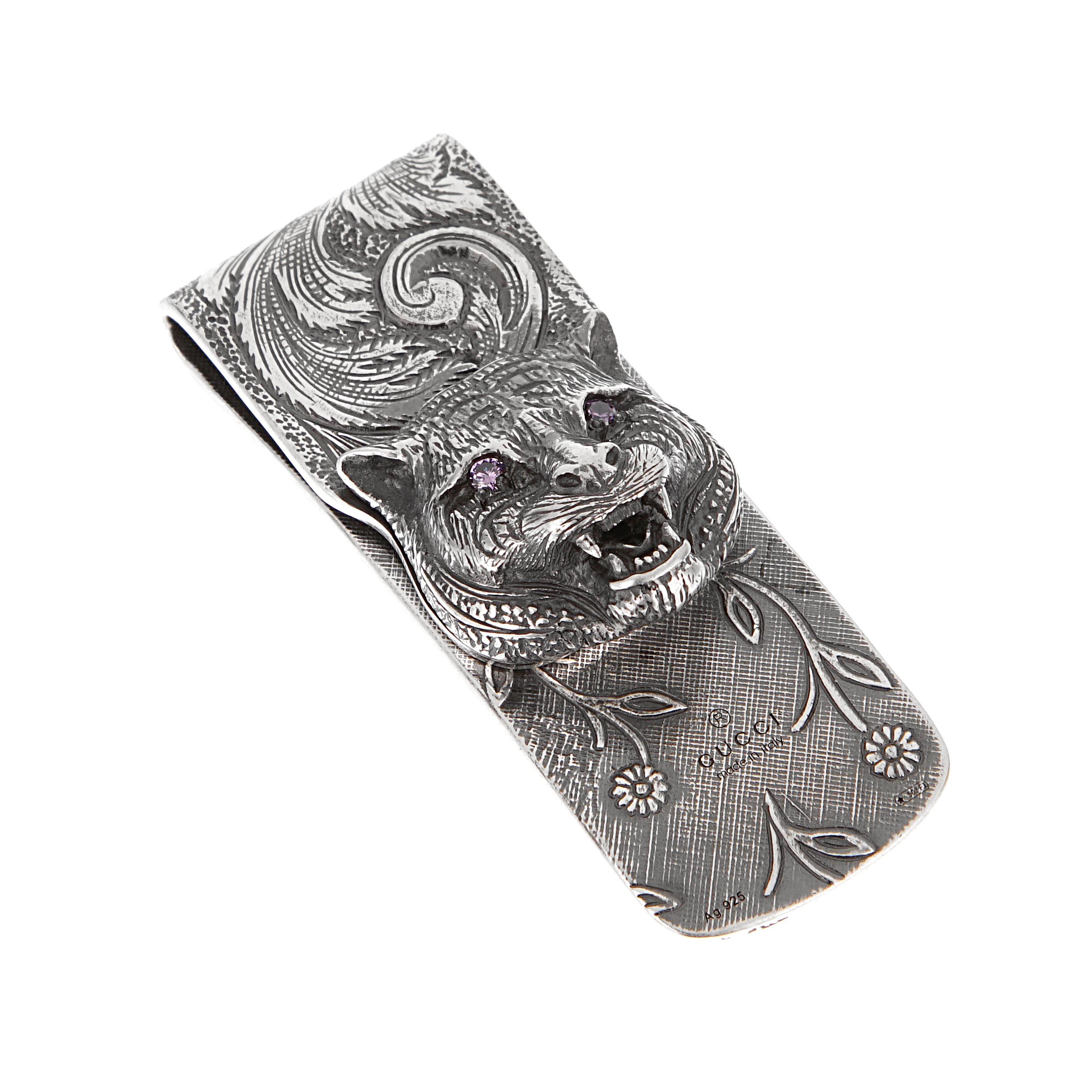 Gucci Sterling Silber Feline Geldklammer mit lila Zirkon-Augen (Rundschliff) im Angebot