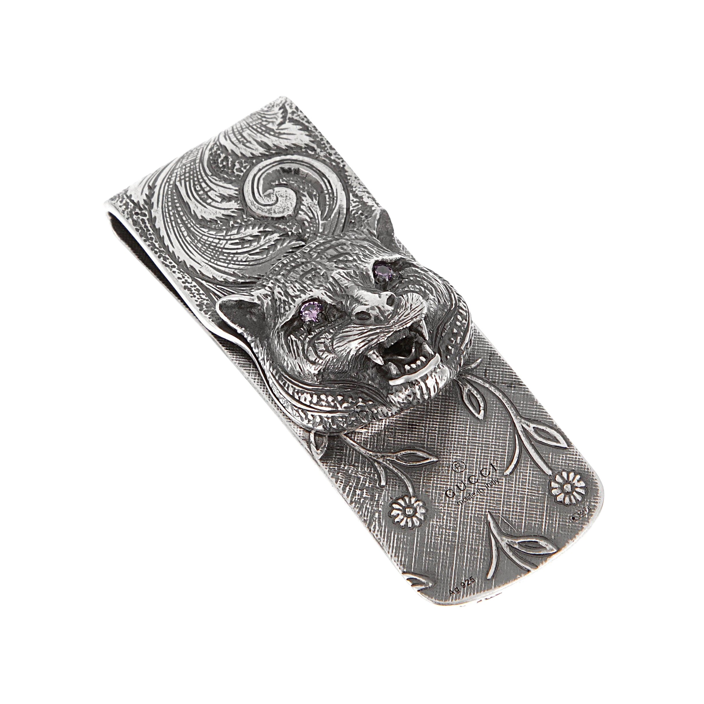 Fermasoldi Gucci in argento 925 con felino e occhi di zircone viola in vendita