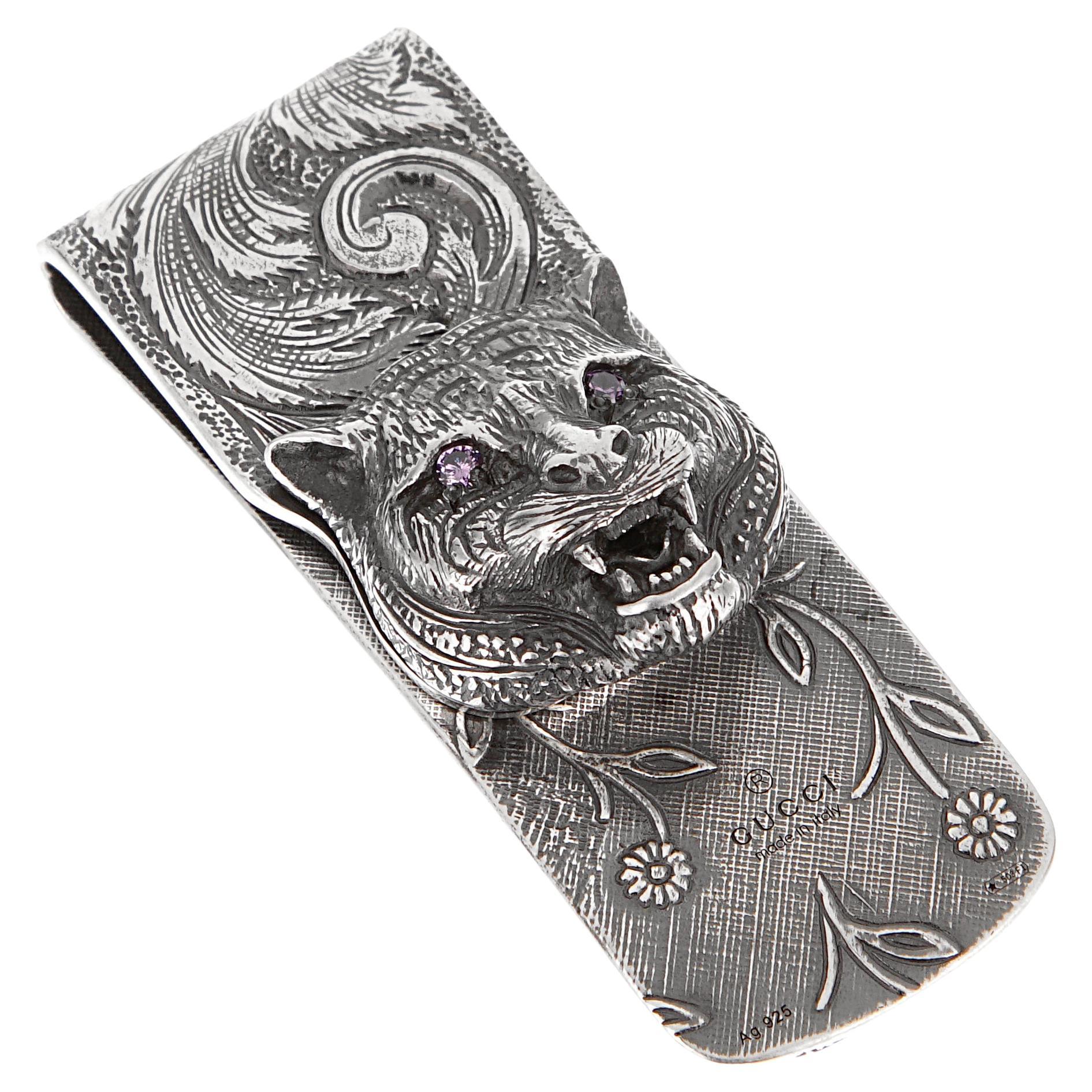 Gucci Sterling Silber Feline Geldklammer mit lila Zirkon-Augen