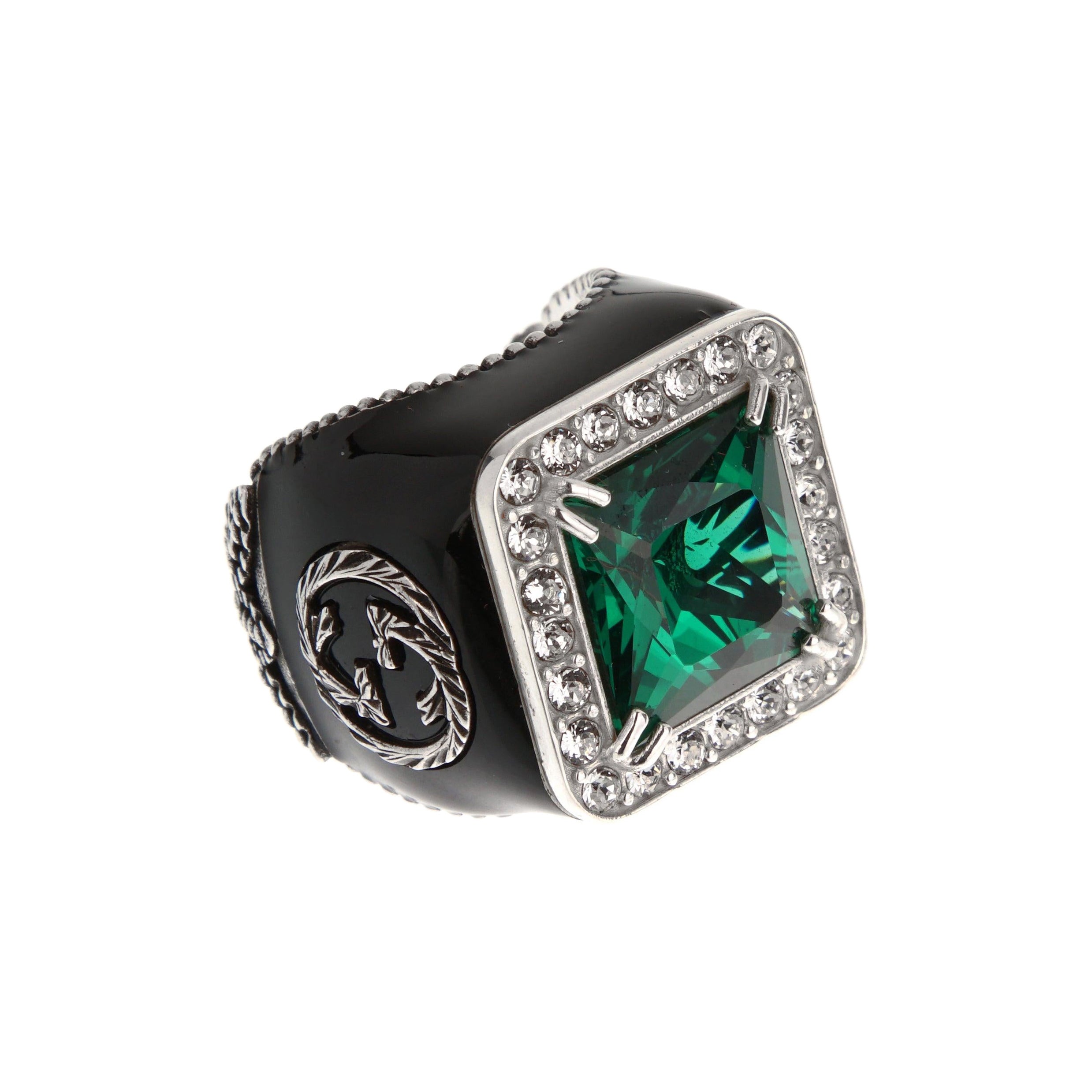 Gucci Cocktailring mit grünem Kristall und schwarzer Emaille in Sterlingsilber