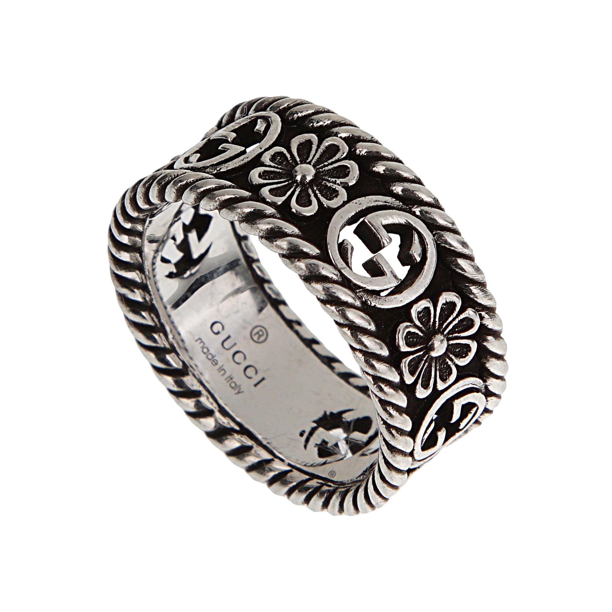 Gucci Anello a fascia con fiore G intrecciato in argento Sterling Sz 5 3/4