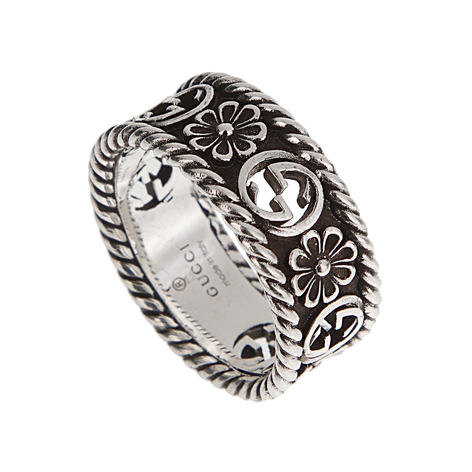 Gucci Anello a fascia con fiore G intrecciato in argento Sterling Sz 7 in vendita