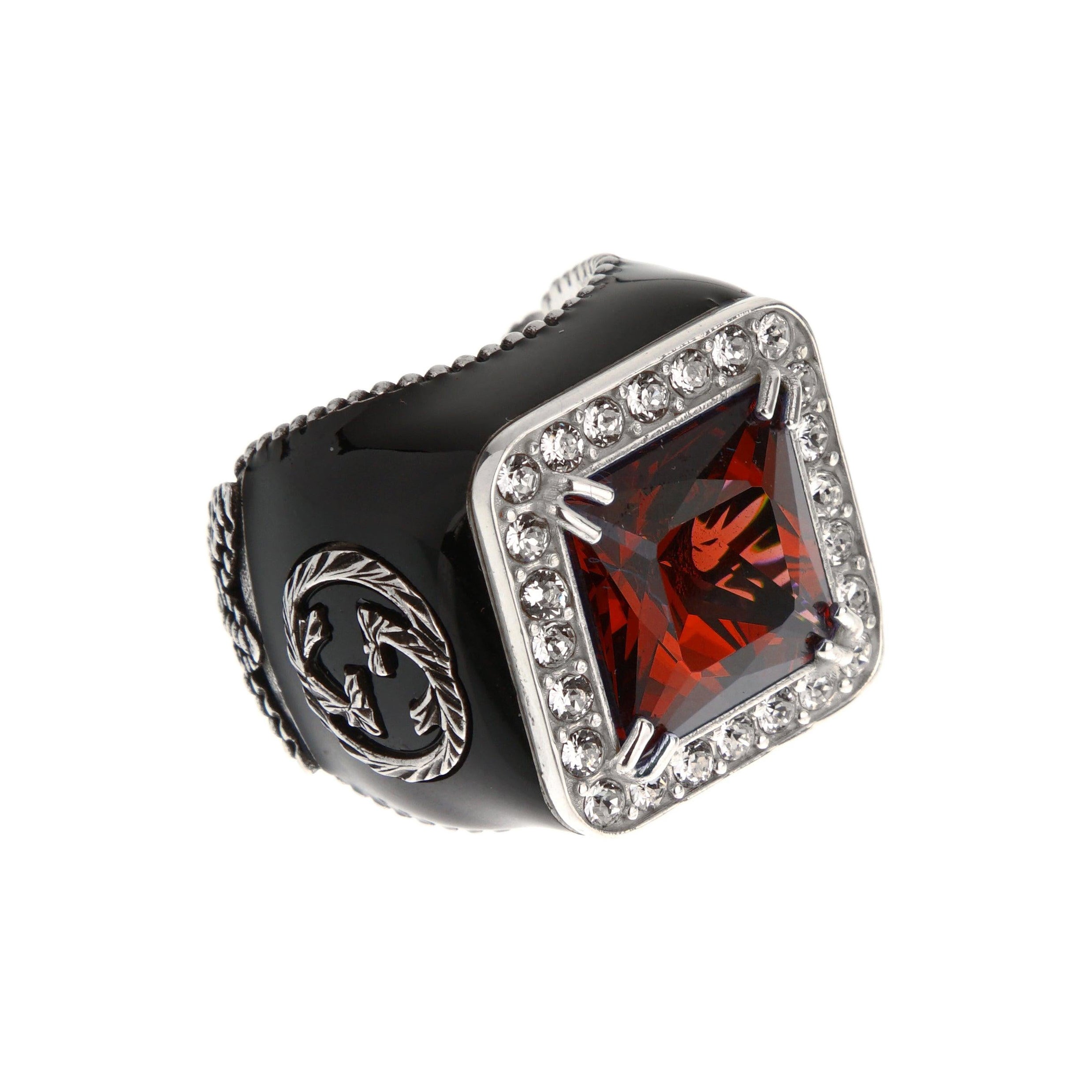 Gucci Sterling Silber Cocktailring mit rotem Kristall und schwarzer Emaille